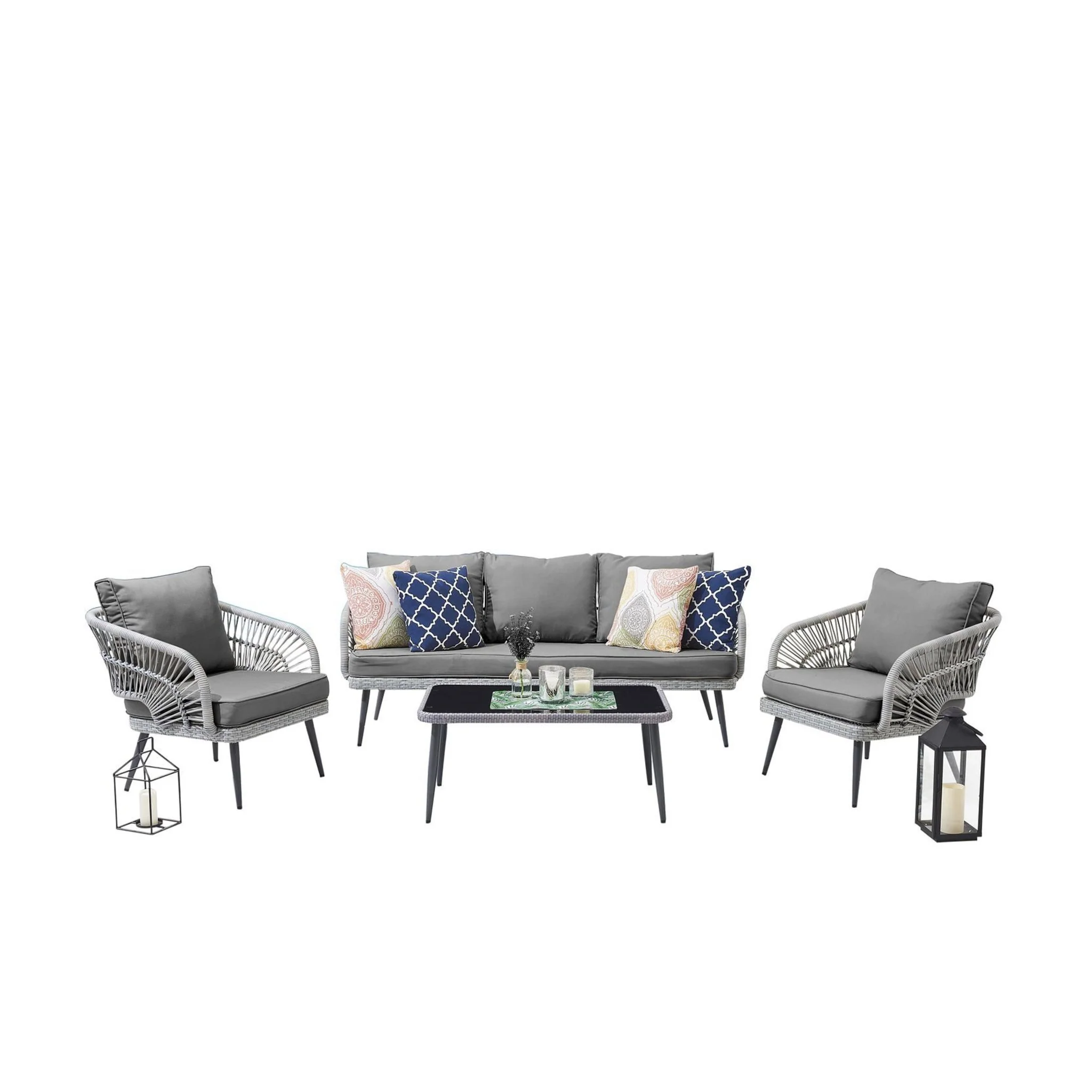 Manhattan Comfort Riviera Rope Wicker 4-Piece 5 Seater Patio Conversation Set with Cushions in Cream - Image 12