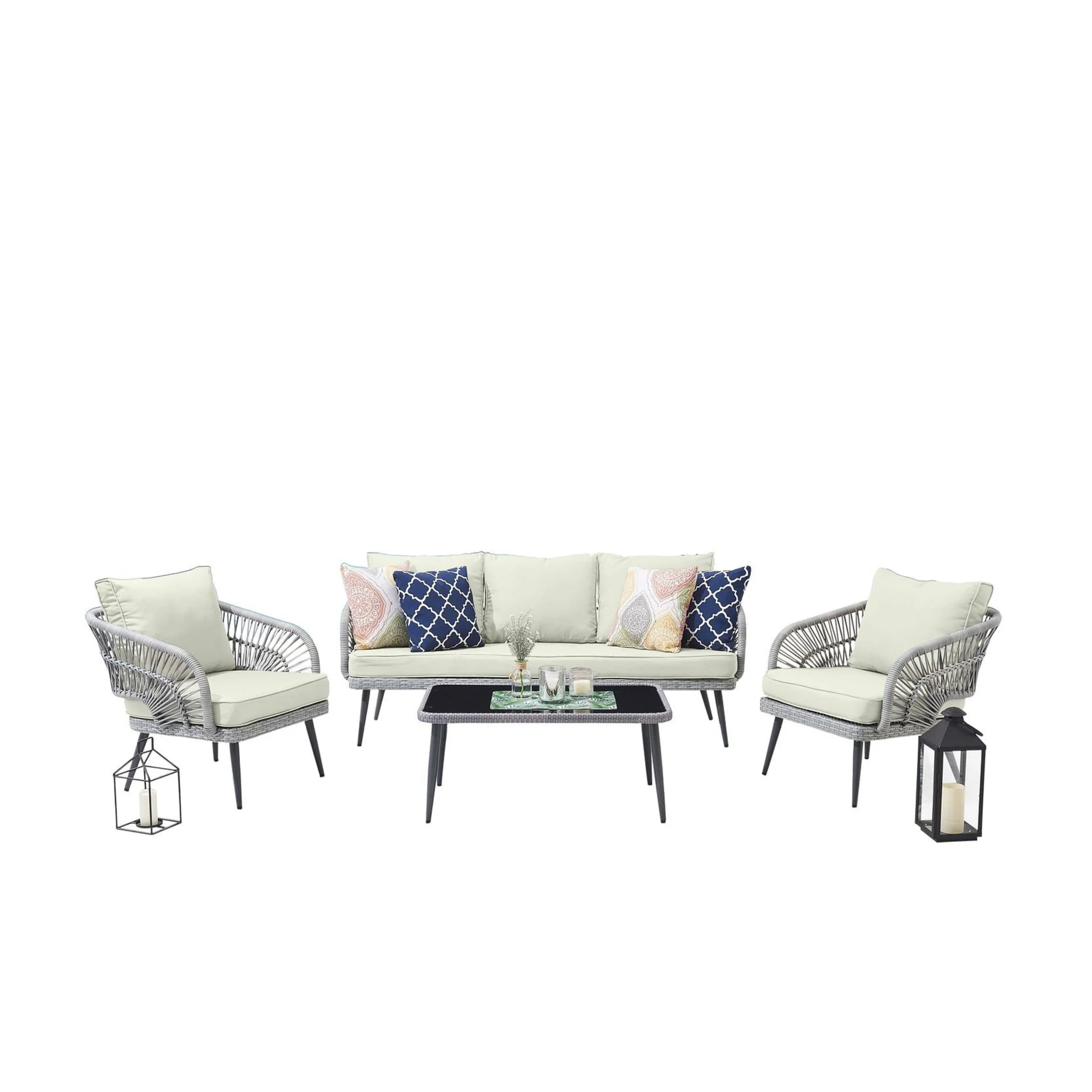 Manhattan Comfort Riviera Rope Wicker 4-Piece 5 Seater Patio Conversation Set with Cushions in Cream - Image 2