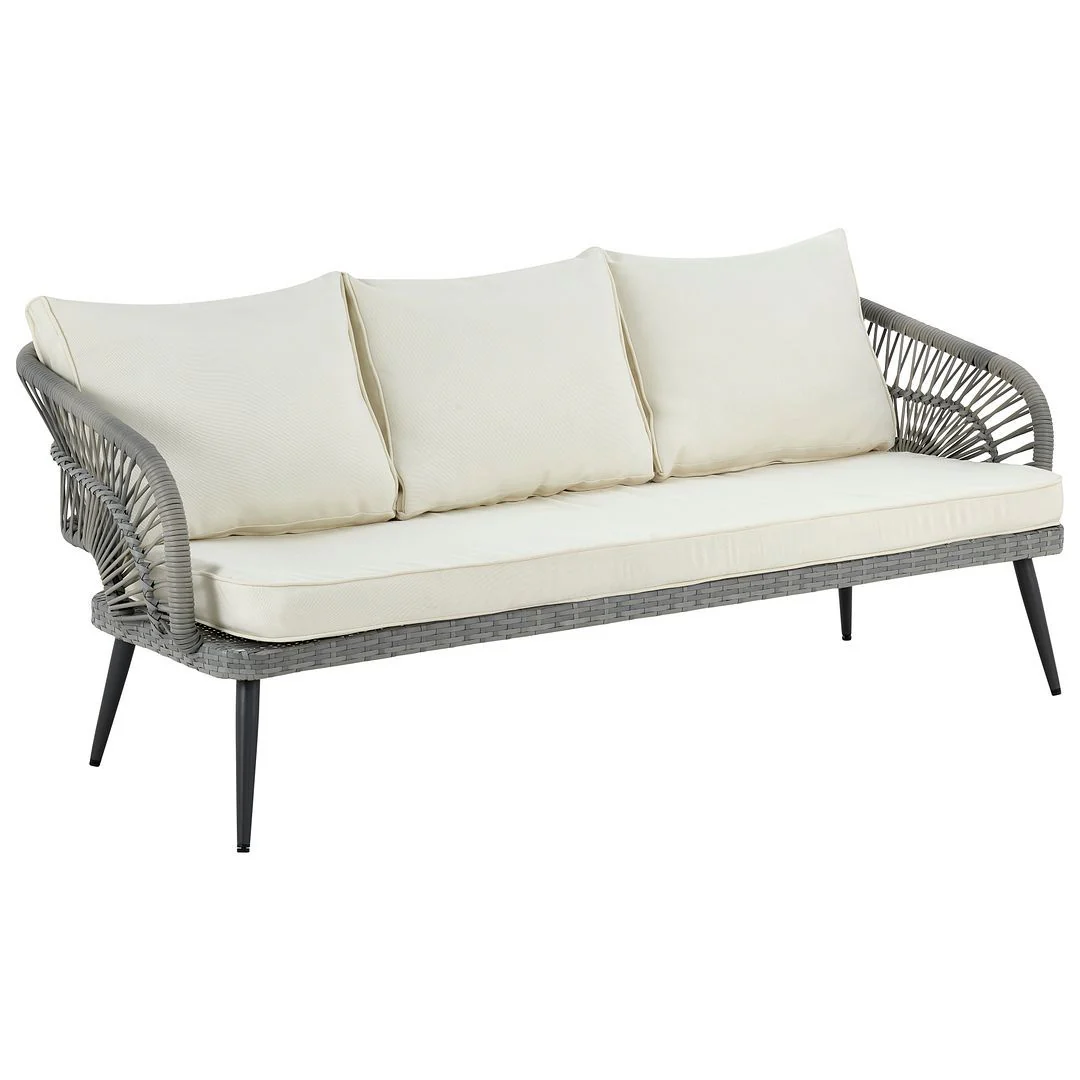 Manhattan Comfort Riviera Rope Wicker 4-Piece 5 Seater Patio Conversation Set with Cushions in Cream - Image 3