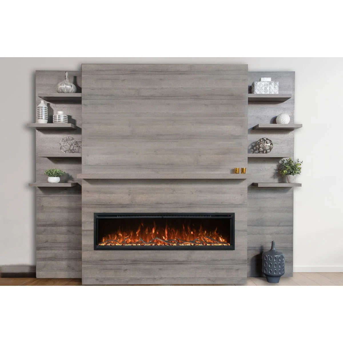 Modern Flames Allwood Wall System in Driftwood Gray | 60'' Spectrum Slimline Electric Fireplace - Image 13