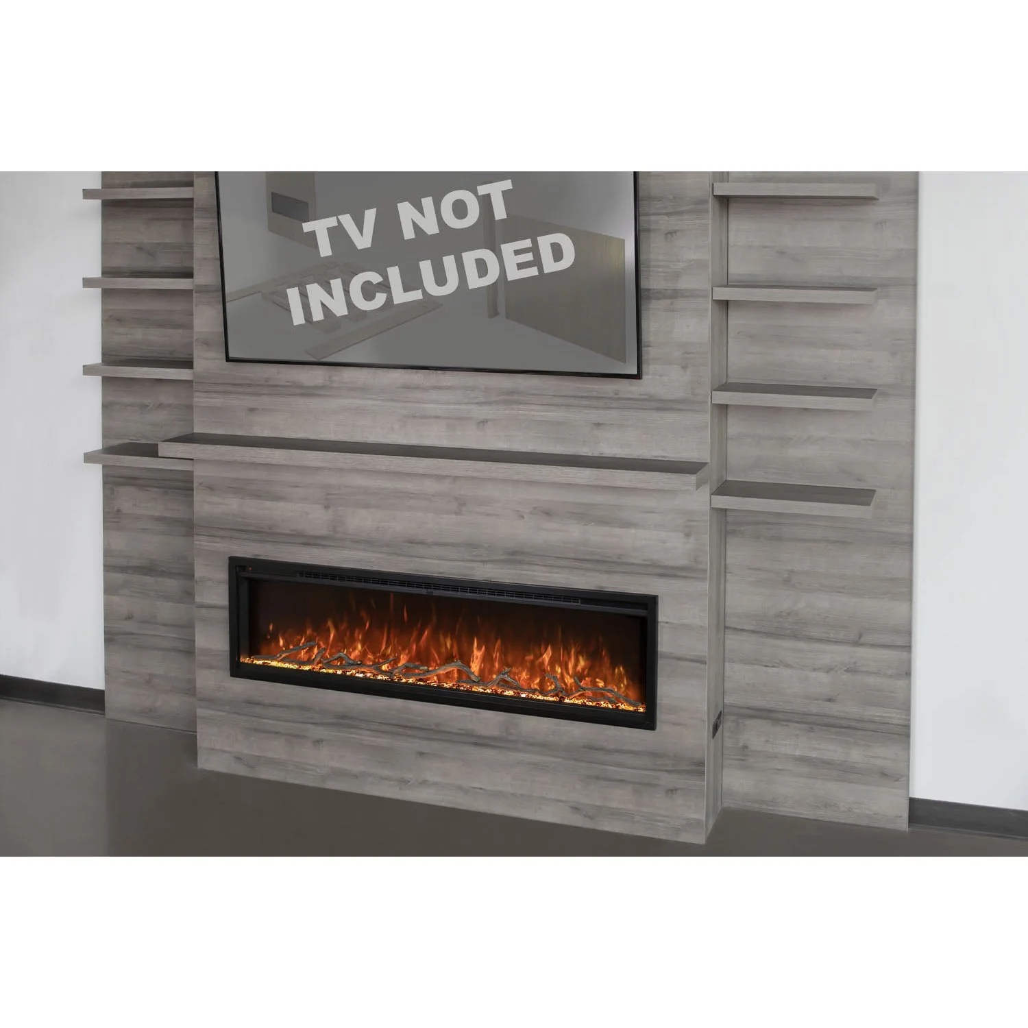 Modern Flames Allwood Wall System in Driftwood Gray | 60'' Spectrum Slimline Electric Fireplace - Image 3
