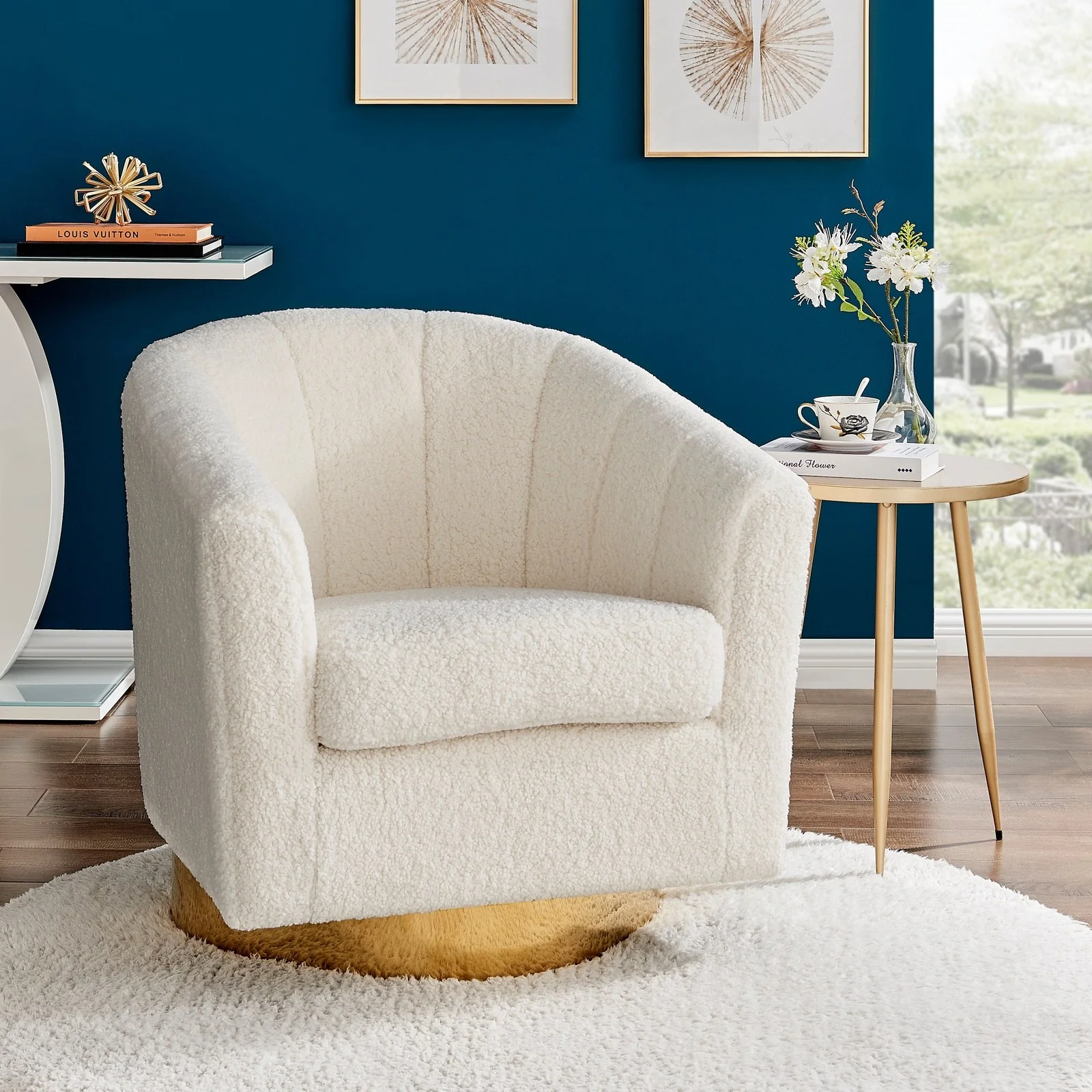 New Pacific Direct Natasha Faux Shearling Fabric w/ Gold Metal Swivel Accent Arm Chair 1900192-560