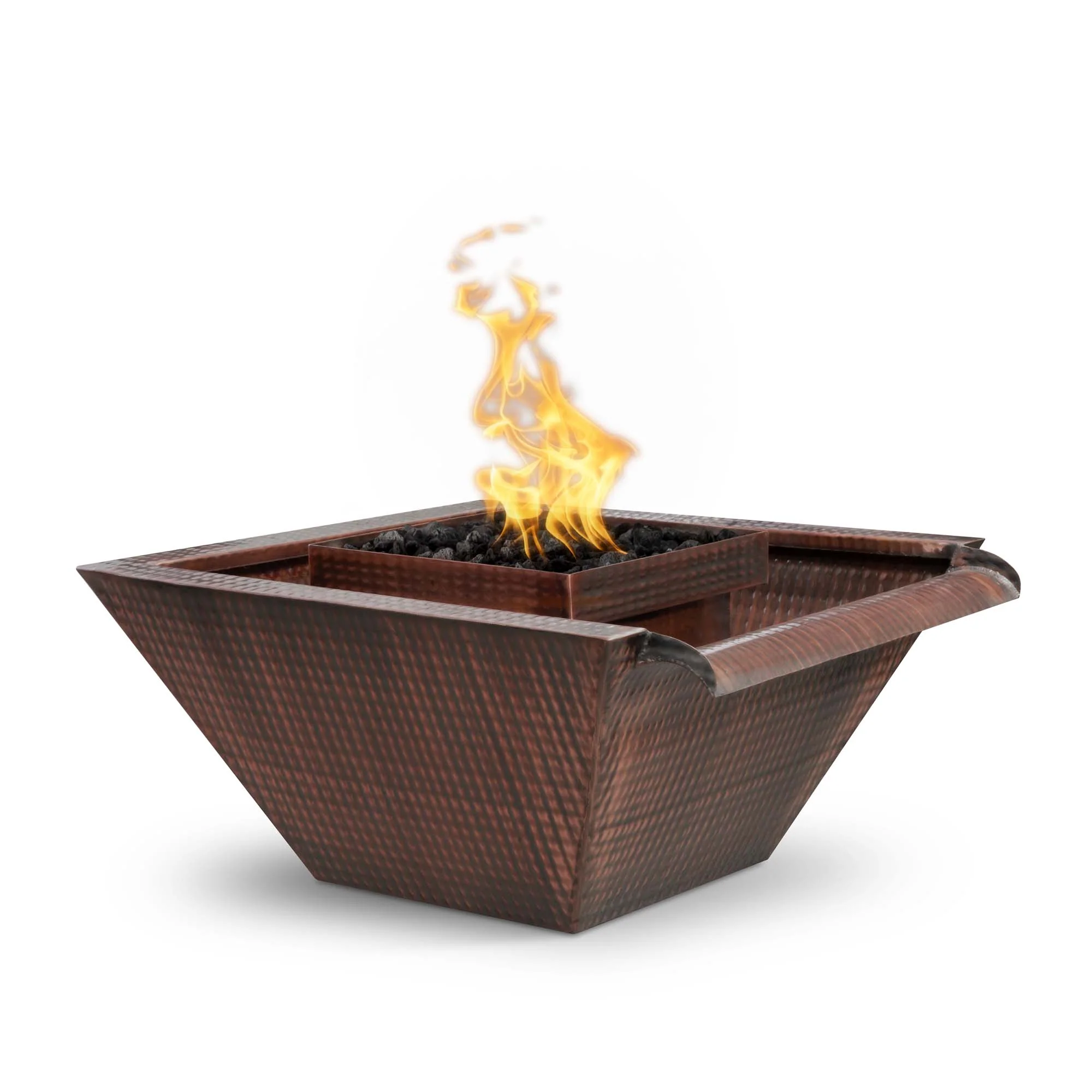 The Outdoor Plus 30" Maya Hammered Copper Fire & Water Bowl Wide Gravity Spill |Match Lit
