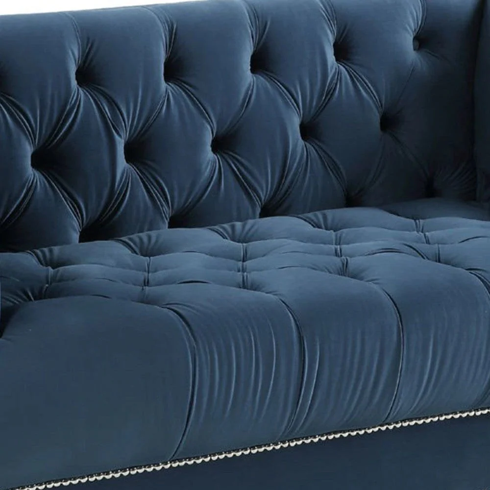 Benzara Velvet Fabric Upholstered Loveseat, Blue BM250212 - Image 4