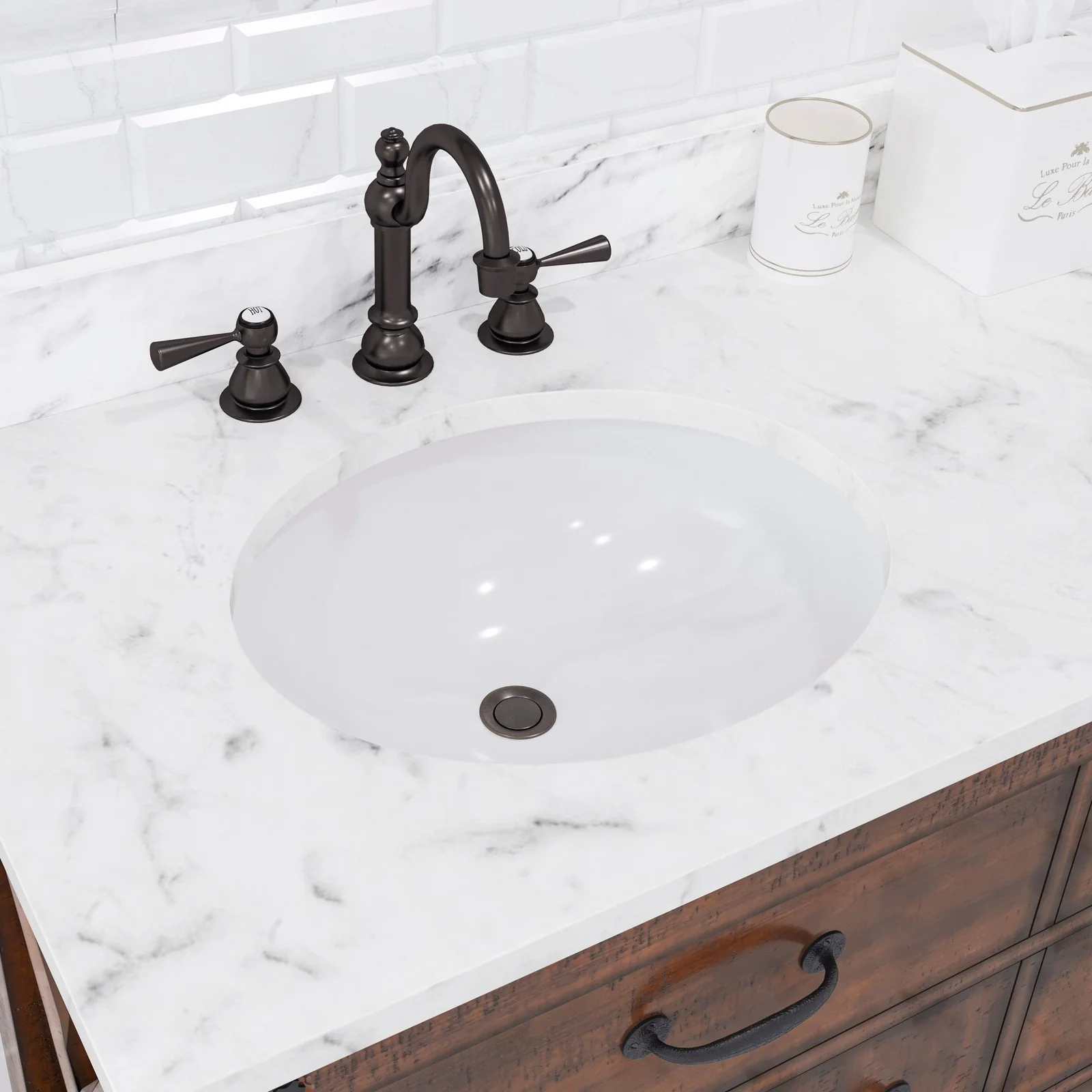 Water Creation Aberdeen 72" Double Sink Carrara White Marble Countertop Vanity in Rustic Sierra with Hook Faucets and Mirrors - Image 5