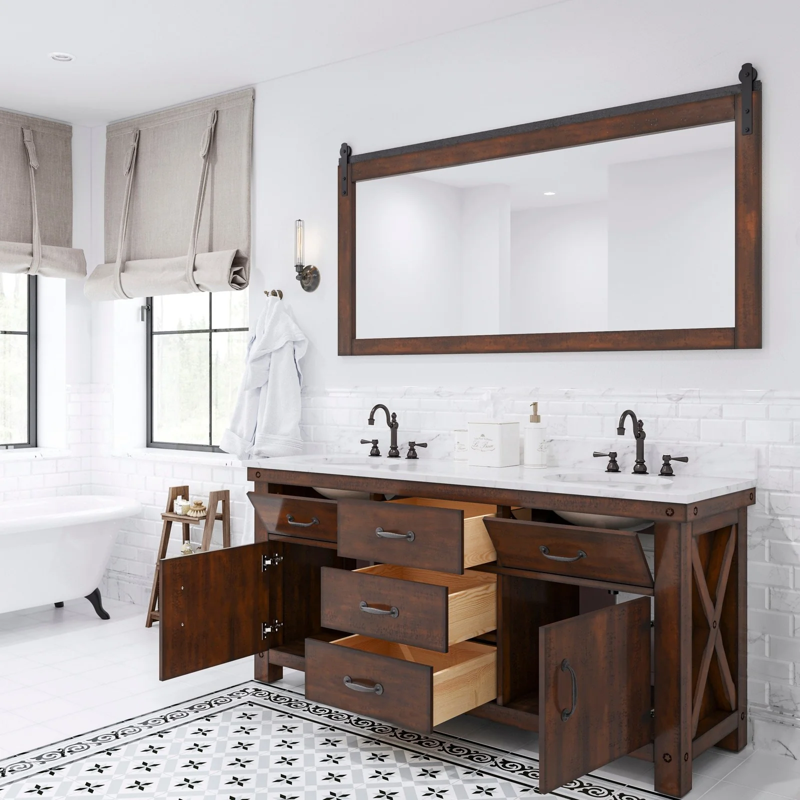 Water Creation Aberdeen 72" Double Sink Carrara White Marble Countertop Vanity in Rustic Sierra with Hook Faucets and Mirrors - Image 3