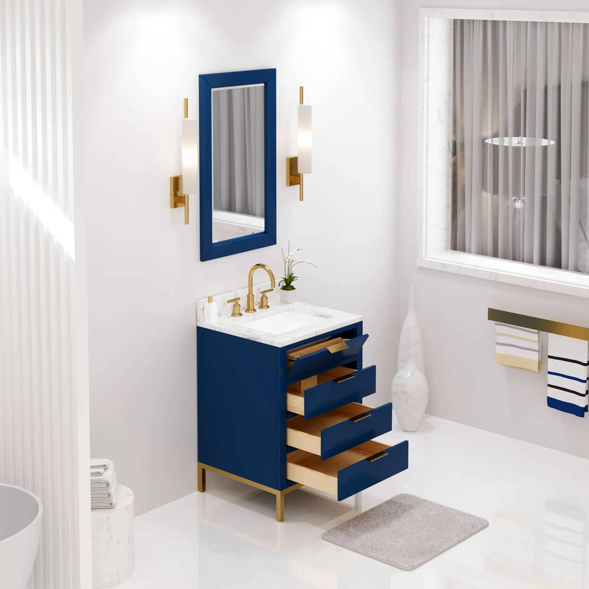Water Creation Bristol 24" Single Sink Carrara White Marble Countertop Bath Vanity in Monarch Blue with Satin Gold Gooseneck Faucet - Image 3