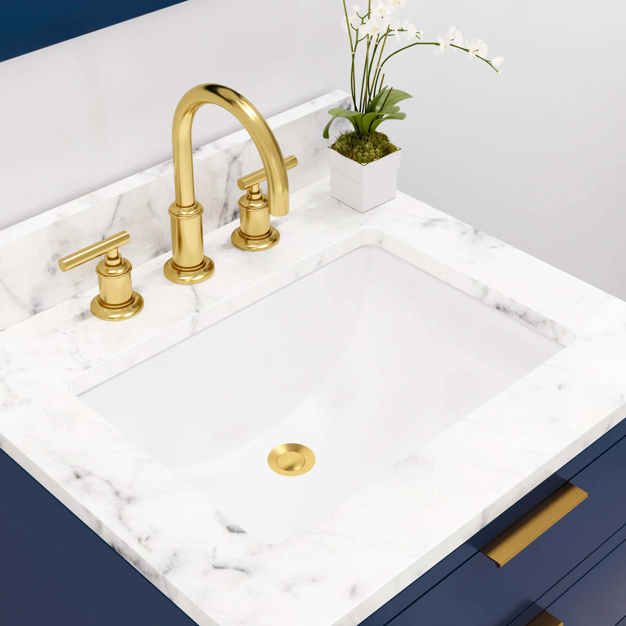 Water Creation Bristol 24" Single Sink Carrara White Marble Countertop Bath Vanity in Monarch Blue with Satin Gold Gooseneck Faucet - Image 5
