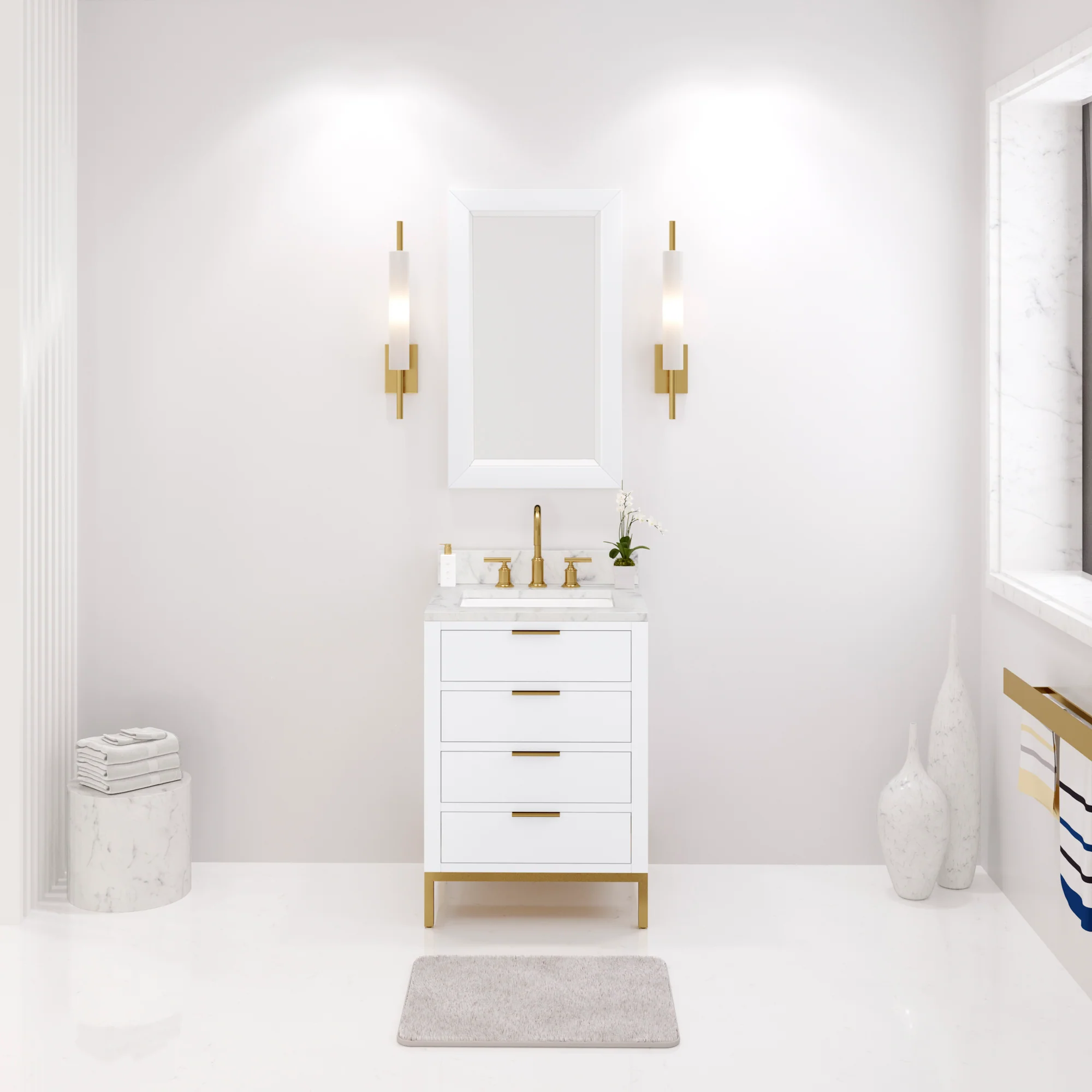 Water Creation Bristol 24" Single Sink Carrara White Marble Countertop Bath Vanity in Pure White with Satin Gold Gooseneck Faucet