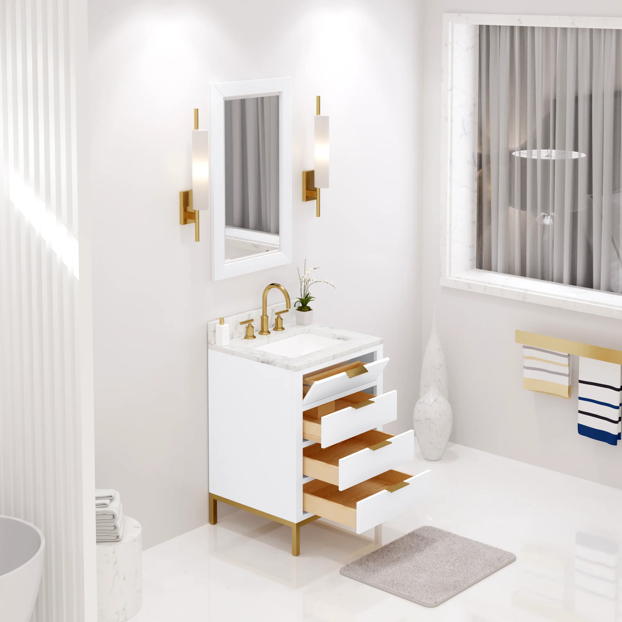 Water Creation Bristol 24" Single Sink Carrara White Marble Countertop Bath Vanity in Pure White with Satin Gold Gooseneck Faucet - Image 2