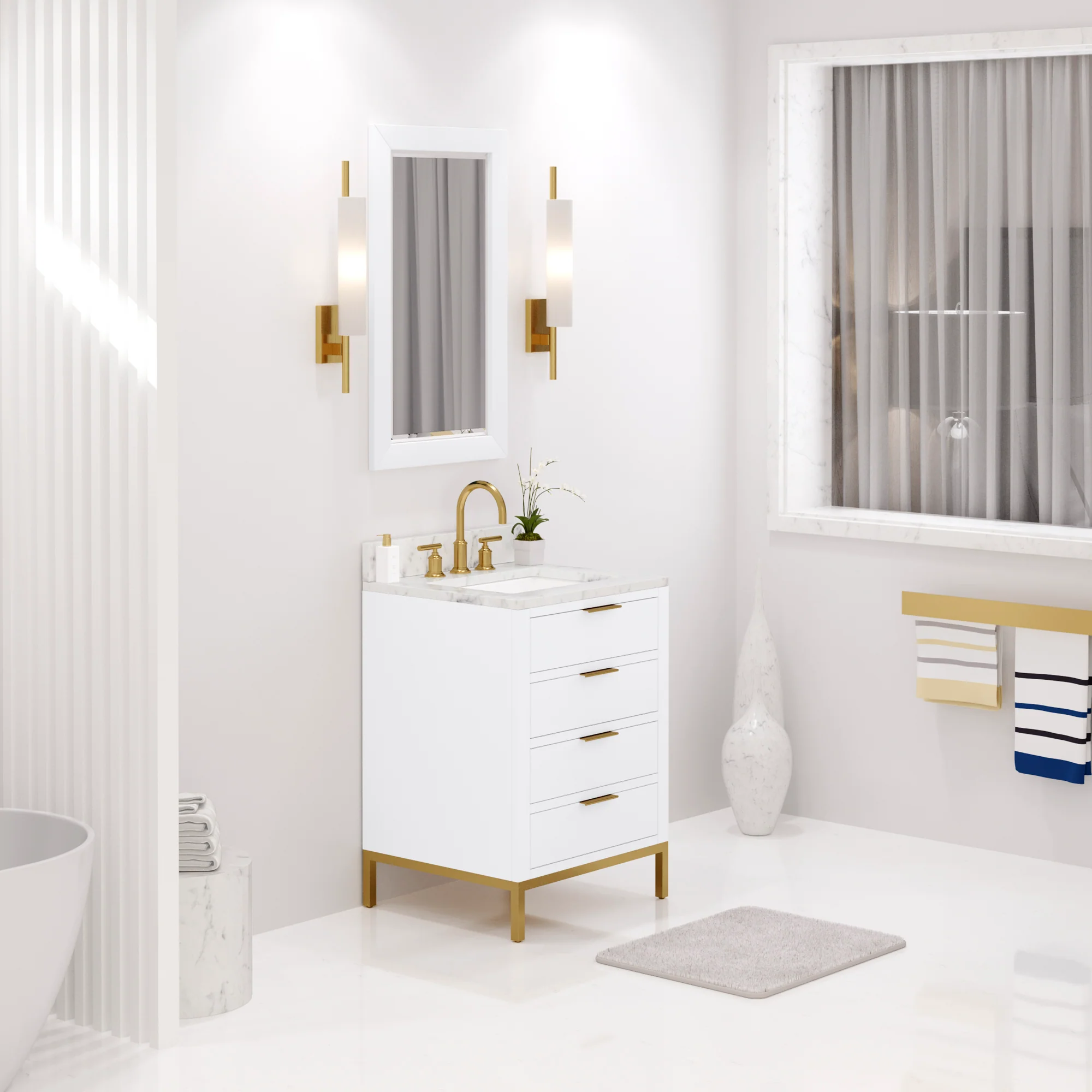 Water Creation Bristol 24" Single Sink Carrara White Marble Countertop Bath Vanity in Pure White with Satin Gold Gooseneck Faucet - Image 3