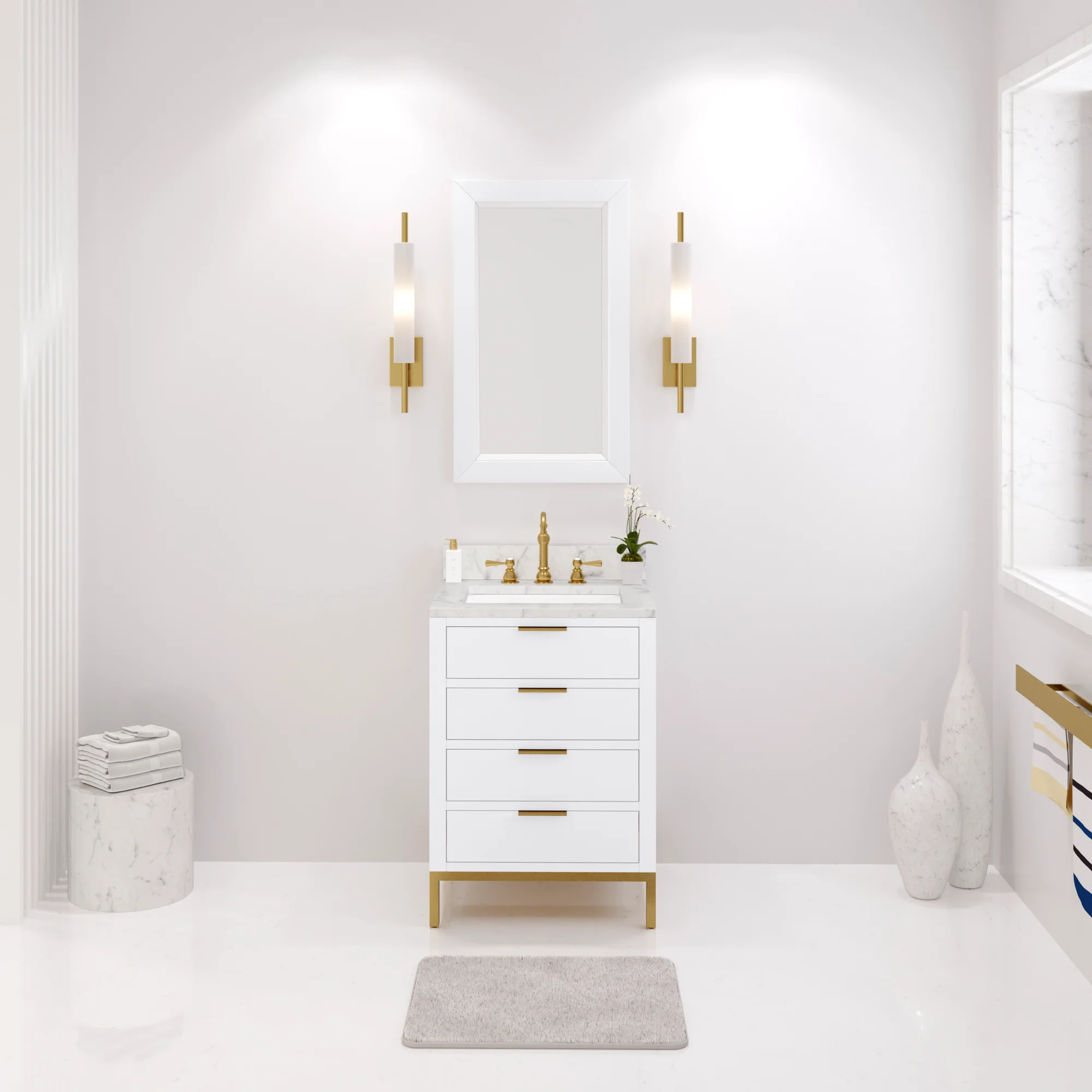 Water Creation Bristol 24" Single Sink Carrara White Marble Countertop Bath Vanity in Pure White with Satin Gold Hook Faucet