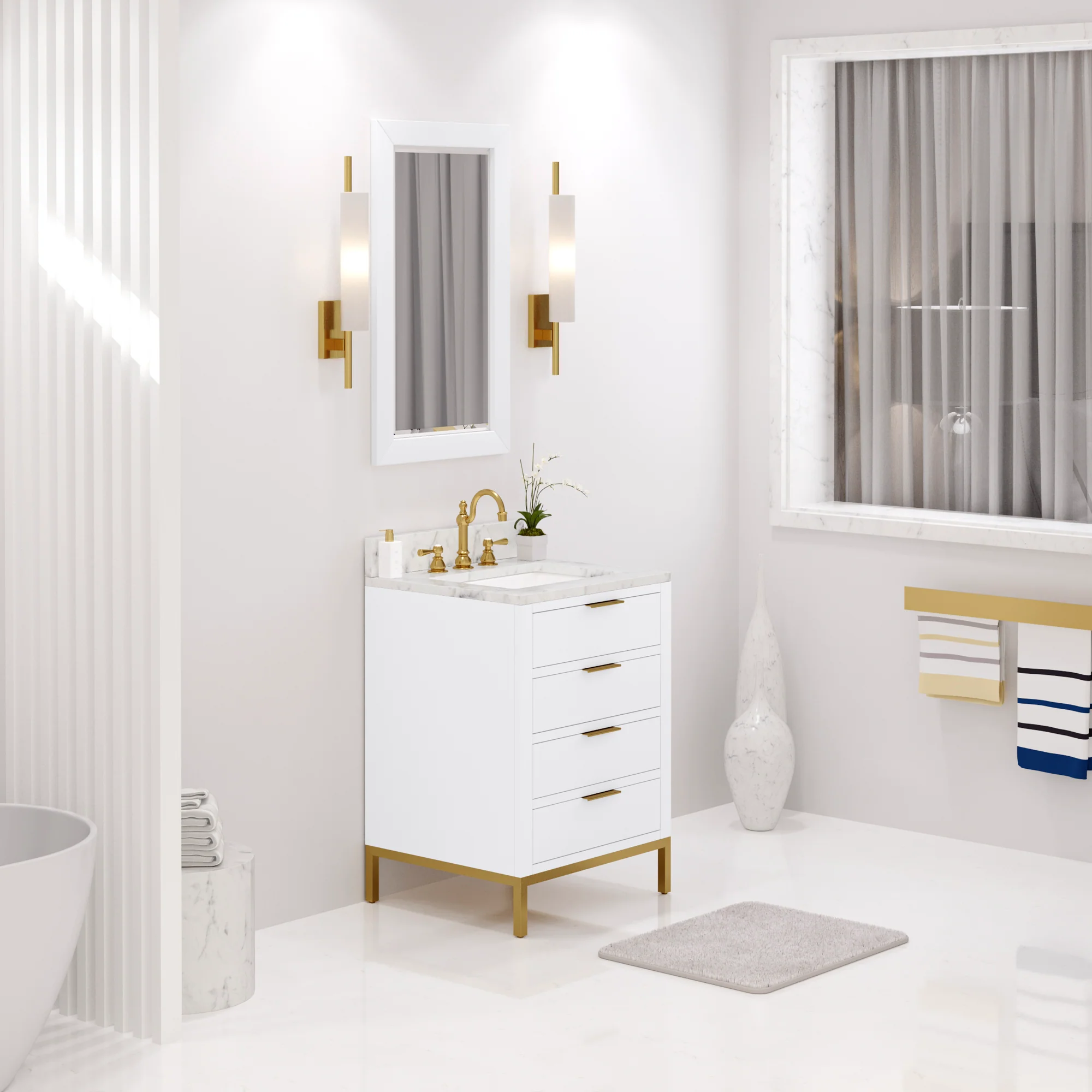 Water Creation Bristol 24" Single Sink Carrara White Marble Countertop Bath Vanity in Pure White with Satin Gold Hook Faucet - Image 2