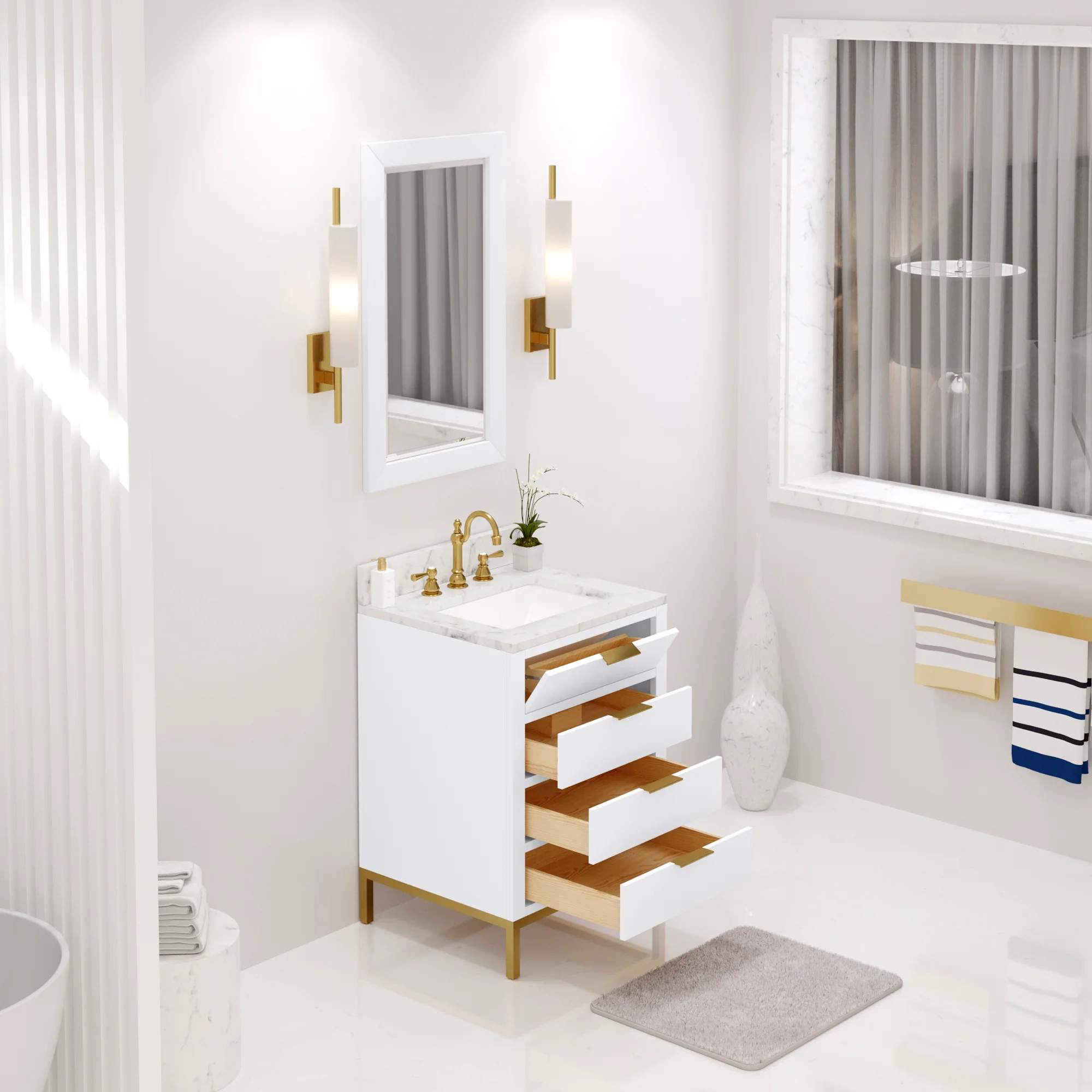Water Creation Bristol 24" Single Sink Carrara White Marble Countertop Bath Vanity in Pure White with Satin Gold Hook Faucet - Image 3