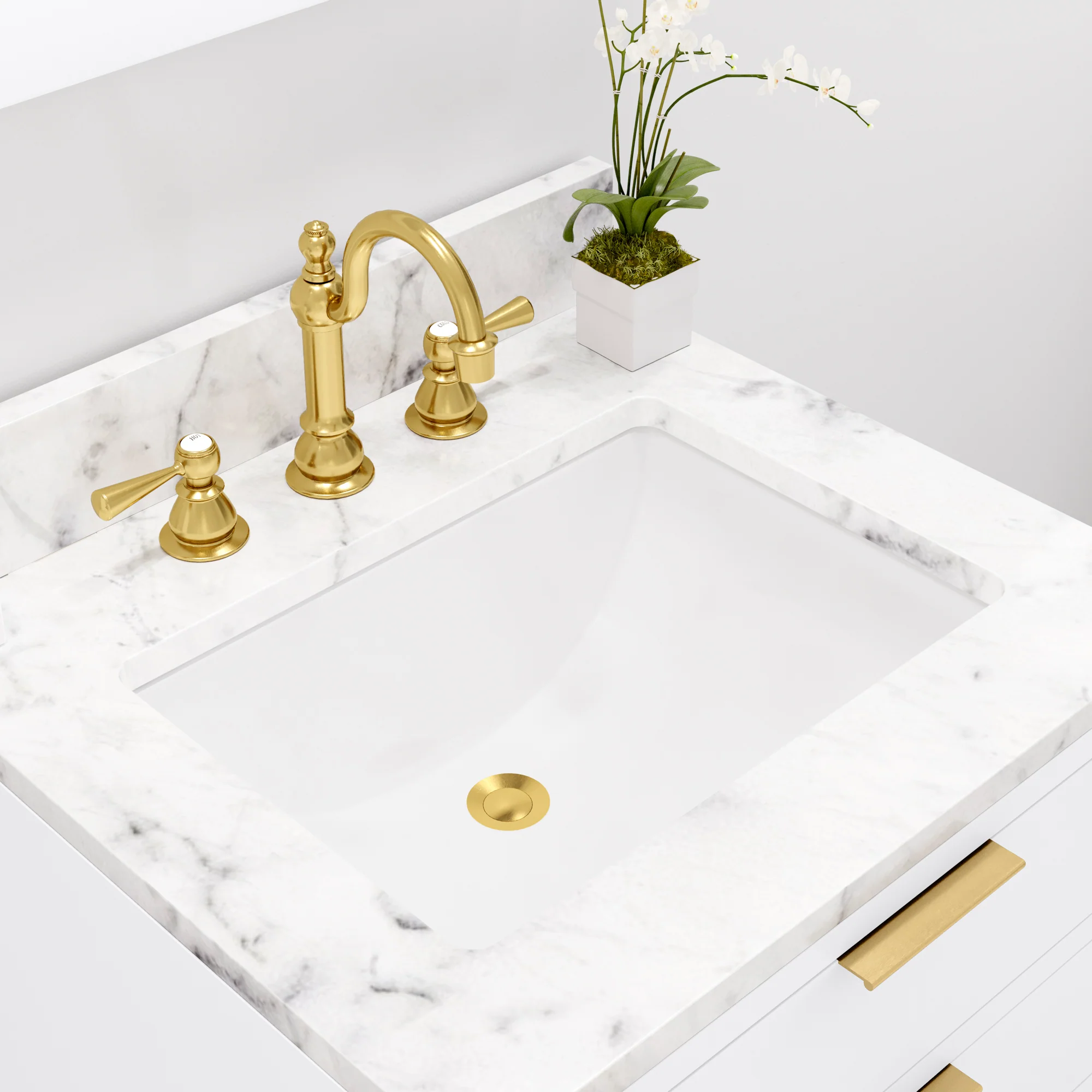 Water Creation Bristol 24" Single Sink Carrara White Marble Countertop Bath Vanity in Pure White with Satin Gold Hook Faucet - Image 5