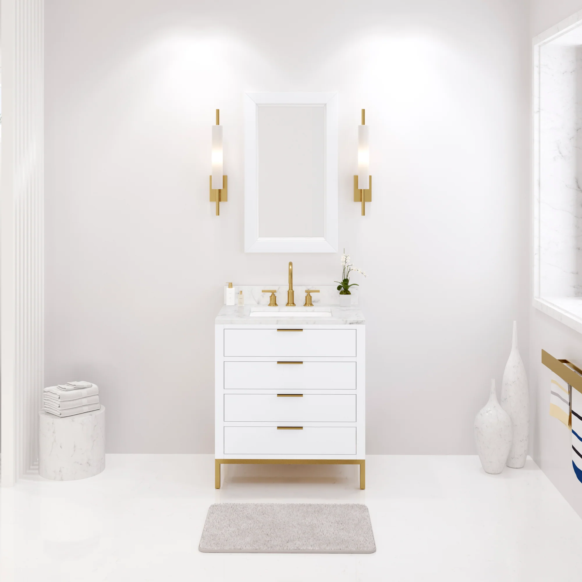 Water Creation Bristol 30" Single Sink Carrara White Marble Countertop Bath Vanity in Pure White with Satin Gold Gooseneck Faucet