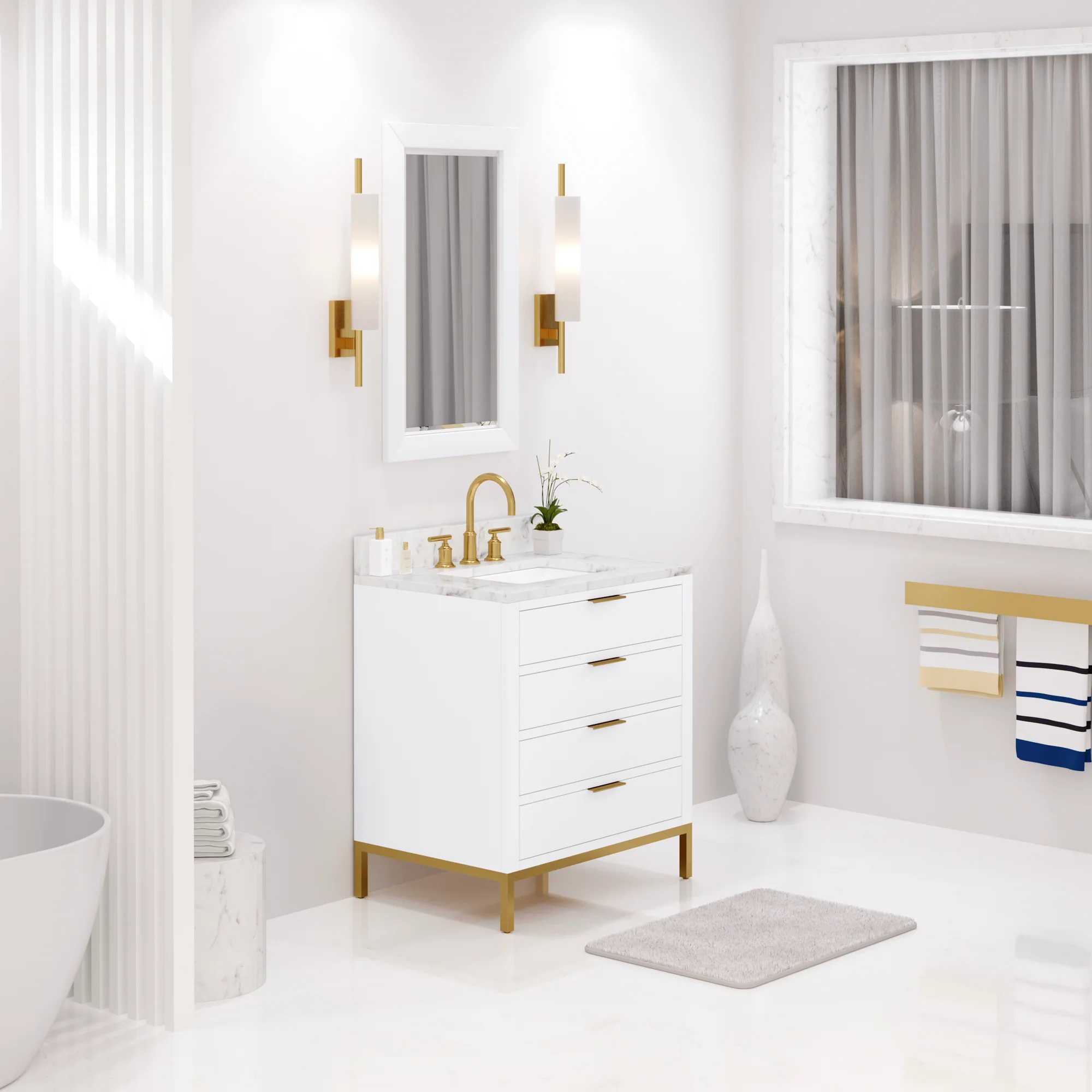 Water Creation Bristol 30" Single Sink Carrara White Marble Countertop Bath Vanity in Pure White with Satin Gold Gooseneck Faucet - Image 2