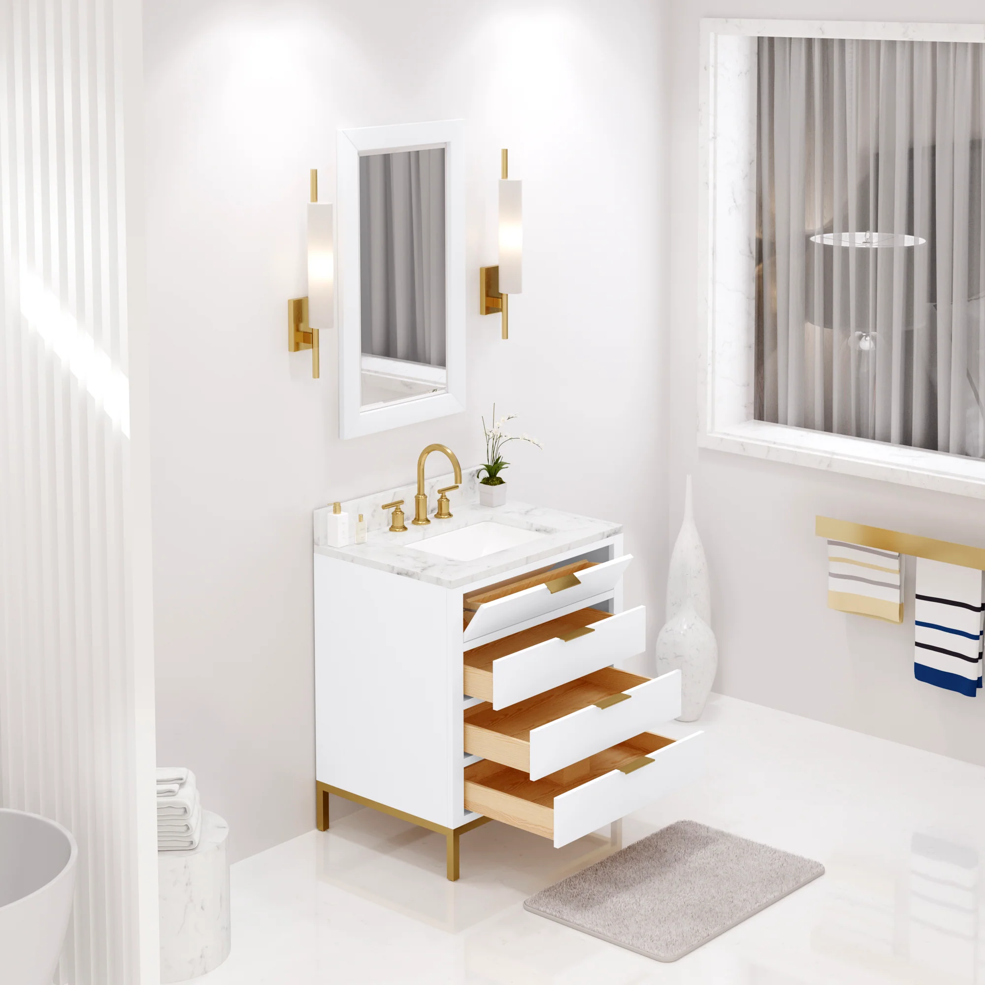 Water Creation Bristol 30" Single Sink Carrara White Marble Countertop Bath Vanity in Pure White with Satin Gold Gooseneck Faucet - Image 3