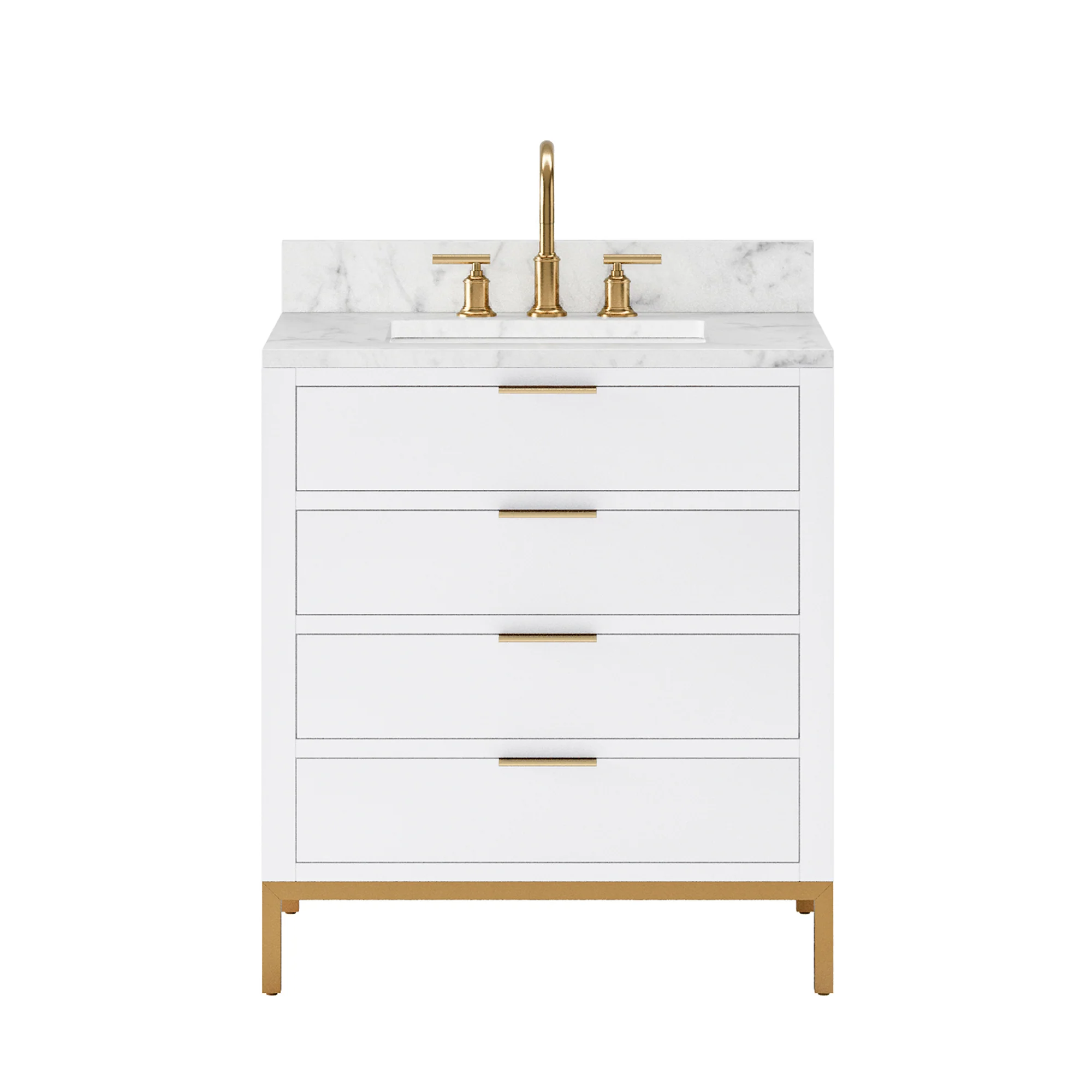 Water Creation Bristol 30" Single Sink Carrara White Marble Countertop Bath Vanity in Pure White with Satin Gold Gooseneck Faucet - Image 4