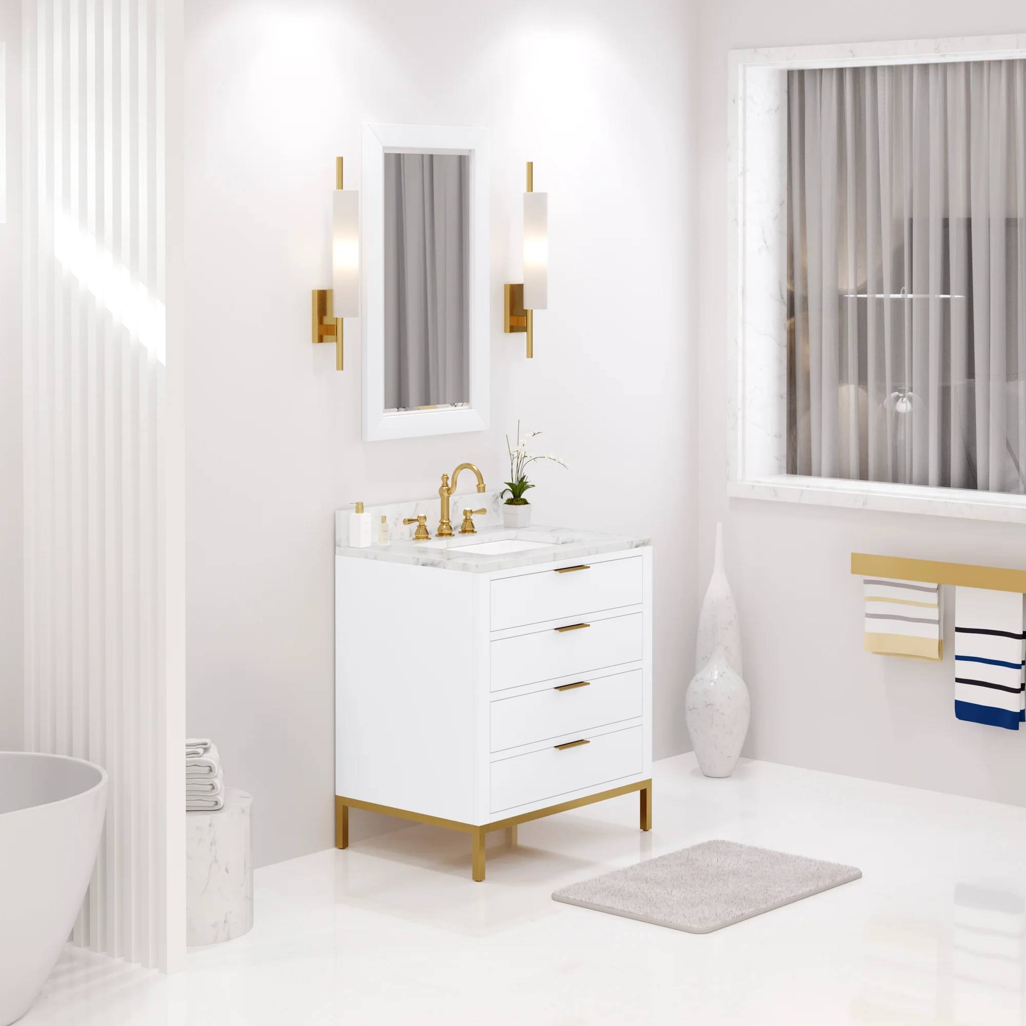 Water Creation Bristol 30" Single Sink Carrara White Marble Countertop Bath Vanity in Pure White with Satin Gold Hook Faucet - Image 2