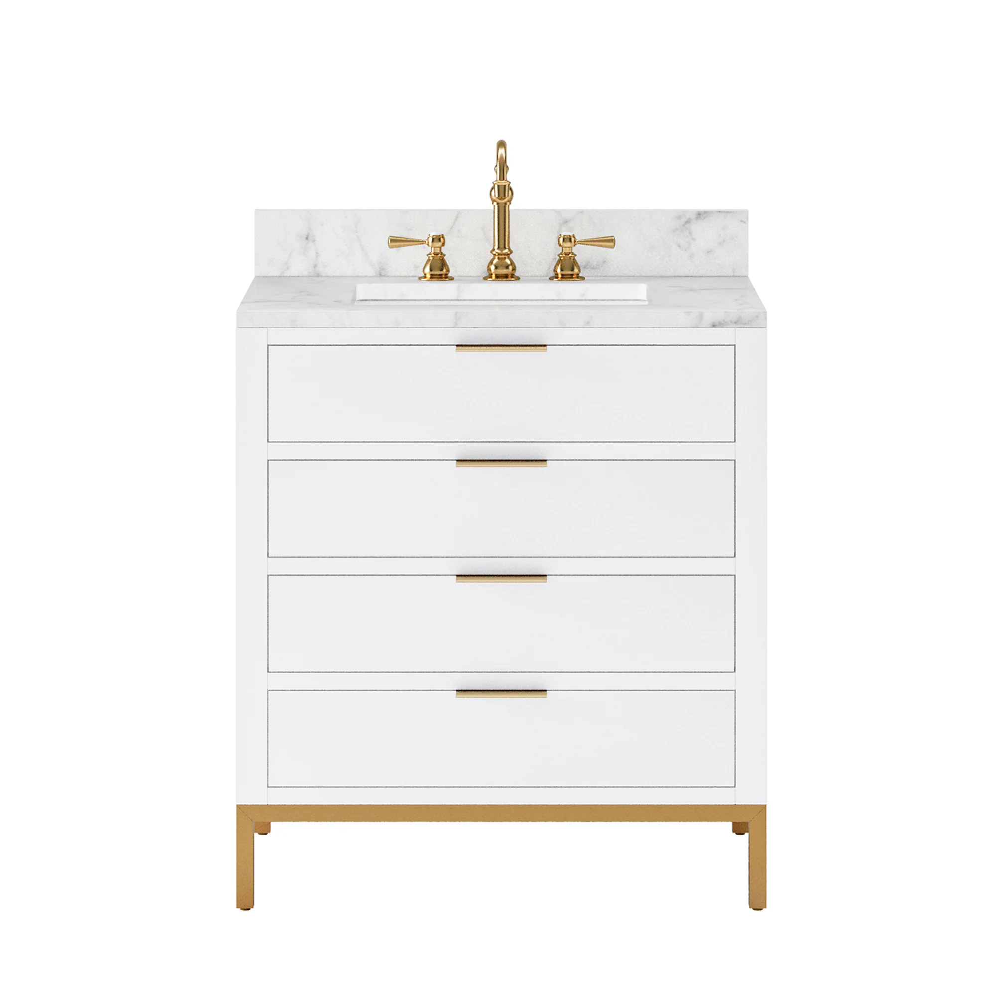 Water Creation Bristol 30" Single Sink Carrara White Marble Countertop Bath Vanity in Pure White with Satin Gold Hook Faucet - Image 4
