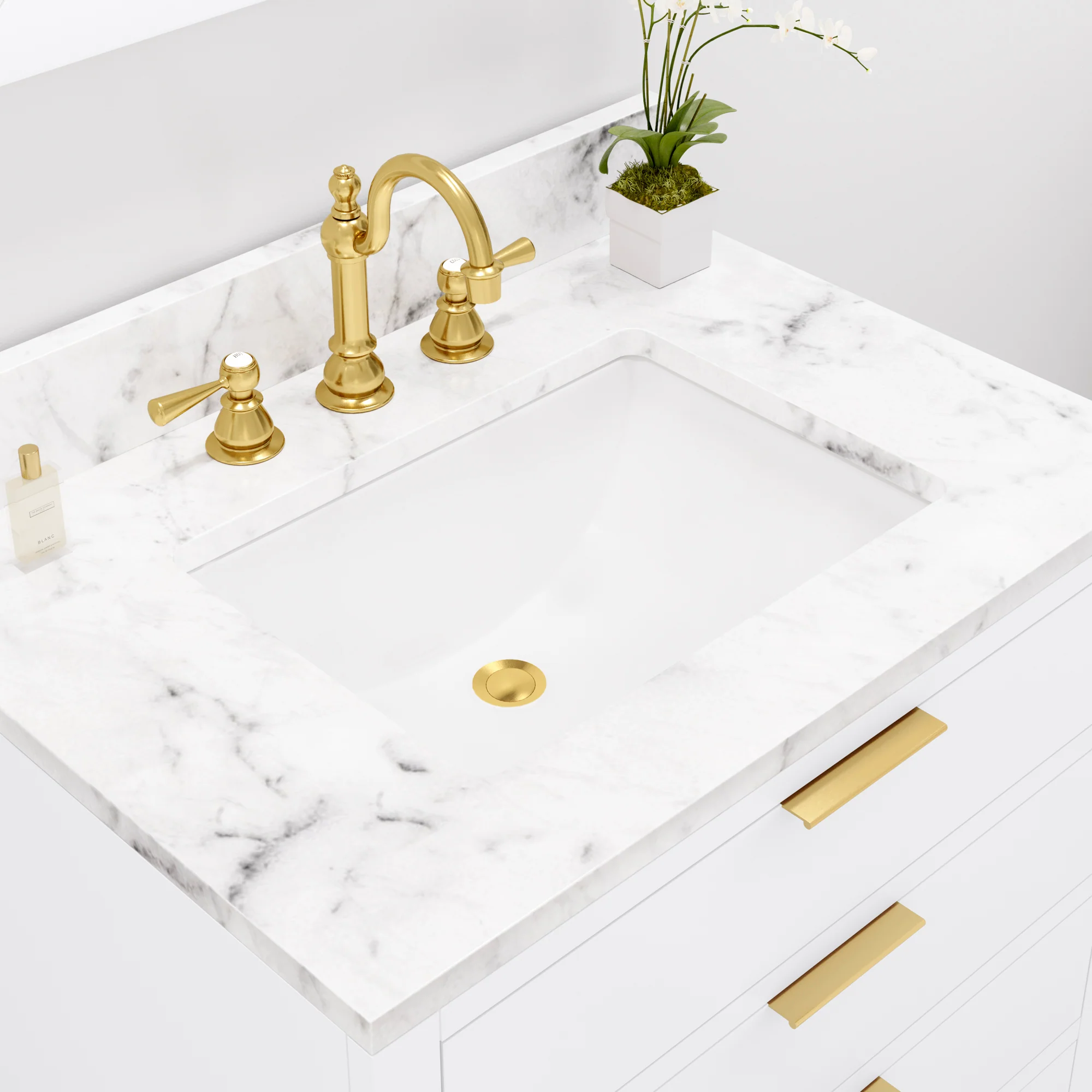Water Creation Bristol 30" Single Sink Carrara White Marble Countertop Bath Vanity in Pure White with Satin Gold Hook Faucet - Image 5