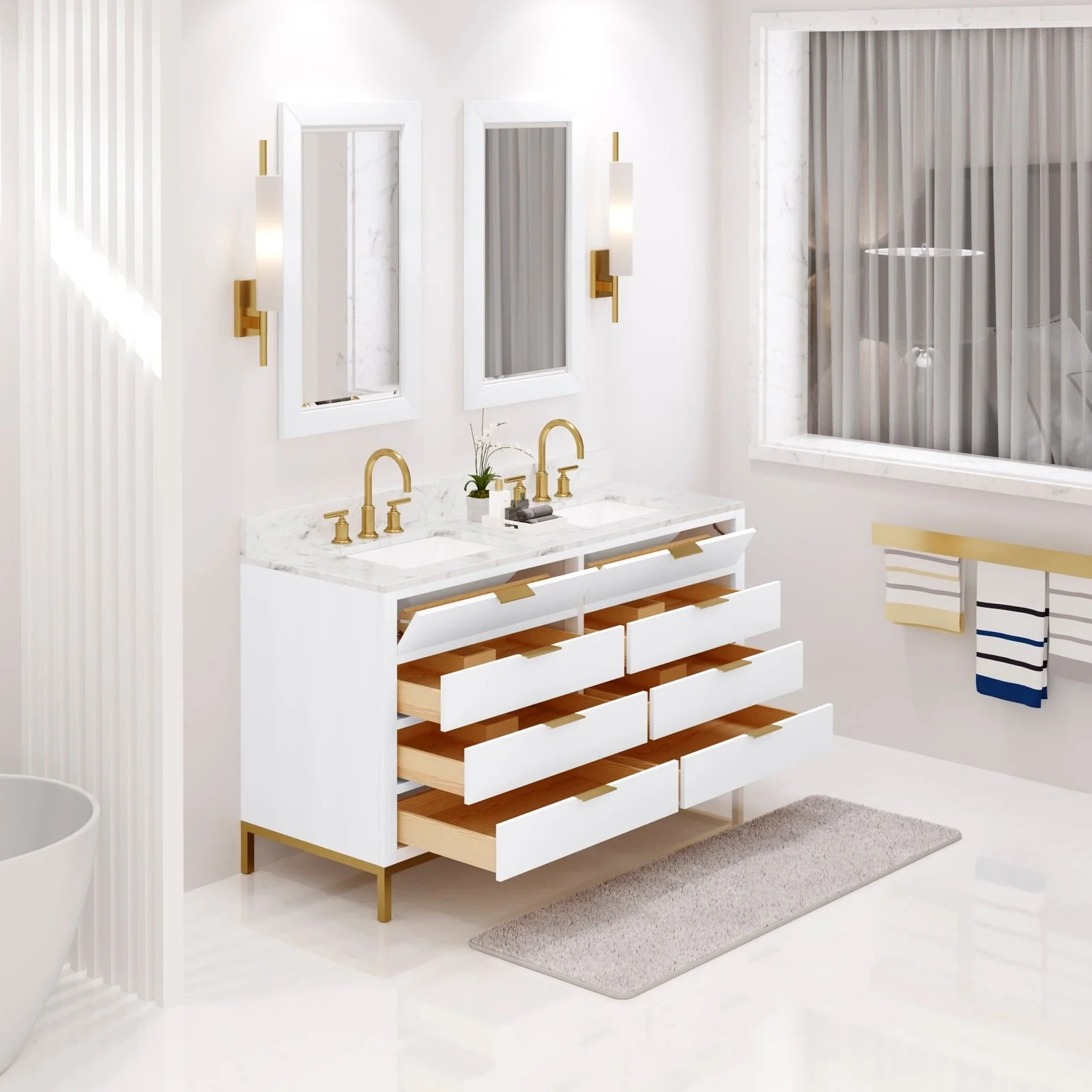 Water Creation Bristol 60" Double Sink Carrara White Marble Countertop Bath Vanity in Pure White with Satin Gold Gooseneck Faucets - Image 3