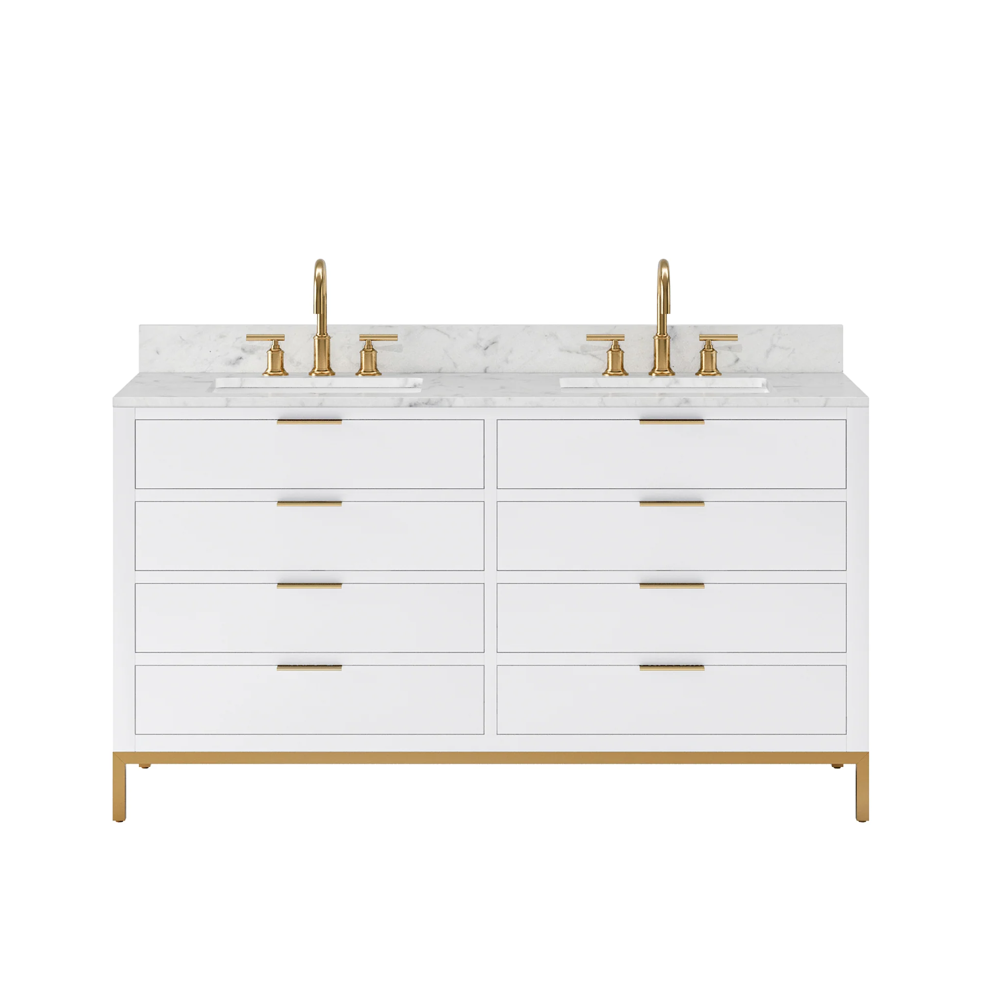 Water Creation Bristol 60" Double Sink Carrara White Marble Countertop Bath Vanity in Pure White with Satin Gold Gooseneck Faucets - Image 4