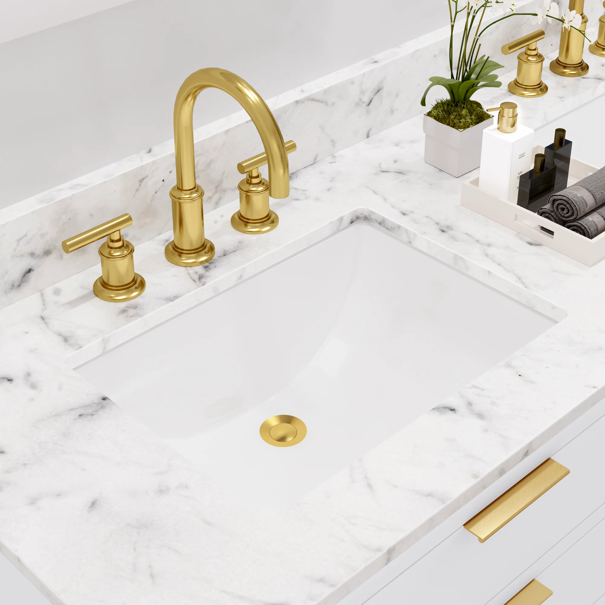 Water Creation Bristol 60" Double Sink Carrara White Marble Countertop Bath Vanity in Pure White with Satin Gold Gooseneck Faucets - Image 5