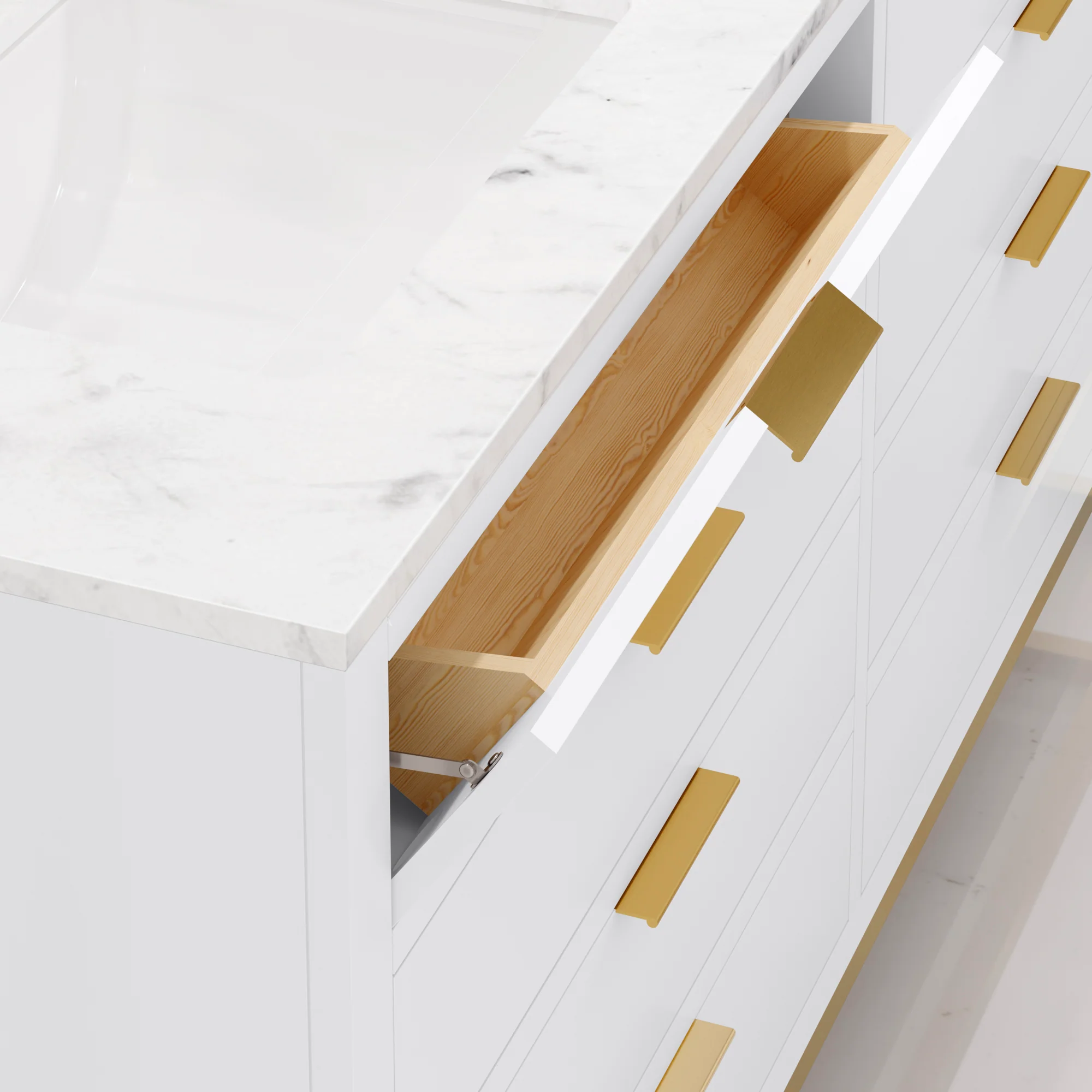 Water Creation Bristol 60" Double Sink Carrara White Marble Countertop Bath Vanity in Pure White with Satin Gold Gooseneck Faucets - Image 6