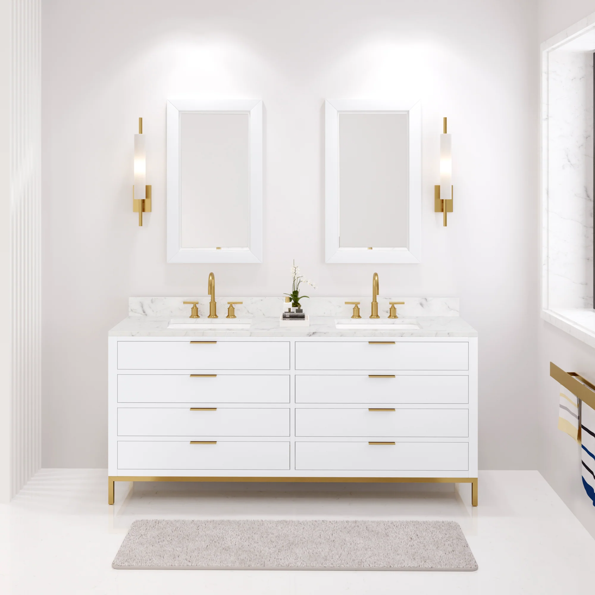 Water Creation Bristol 72" Double Sink Carrara White Marble Countertop Bath Vanity in Pure White with Satin Gold Gooseneck Faucets