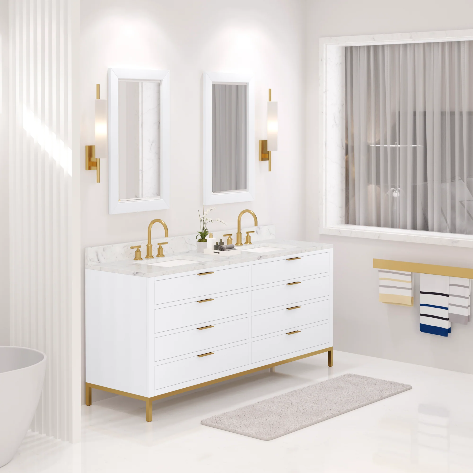 Water Creation Bristol 72" Double Sink Carrara White Marble Countertop Bath Vanity in Pure White with Satin Gold Gooseneck Faucets - Image 2