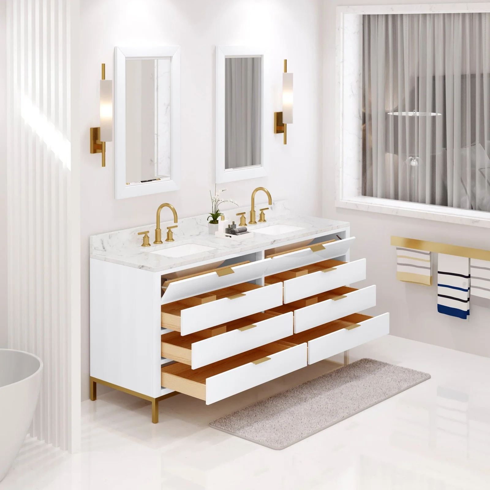 Water Creation Bristol 72" Double Sink Carrara White Marble Countertop Bath Vanity in Pure White with Satin Gold Gooseneck Faucets - Image 3