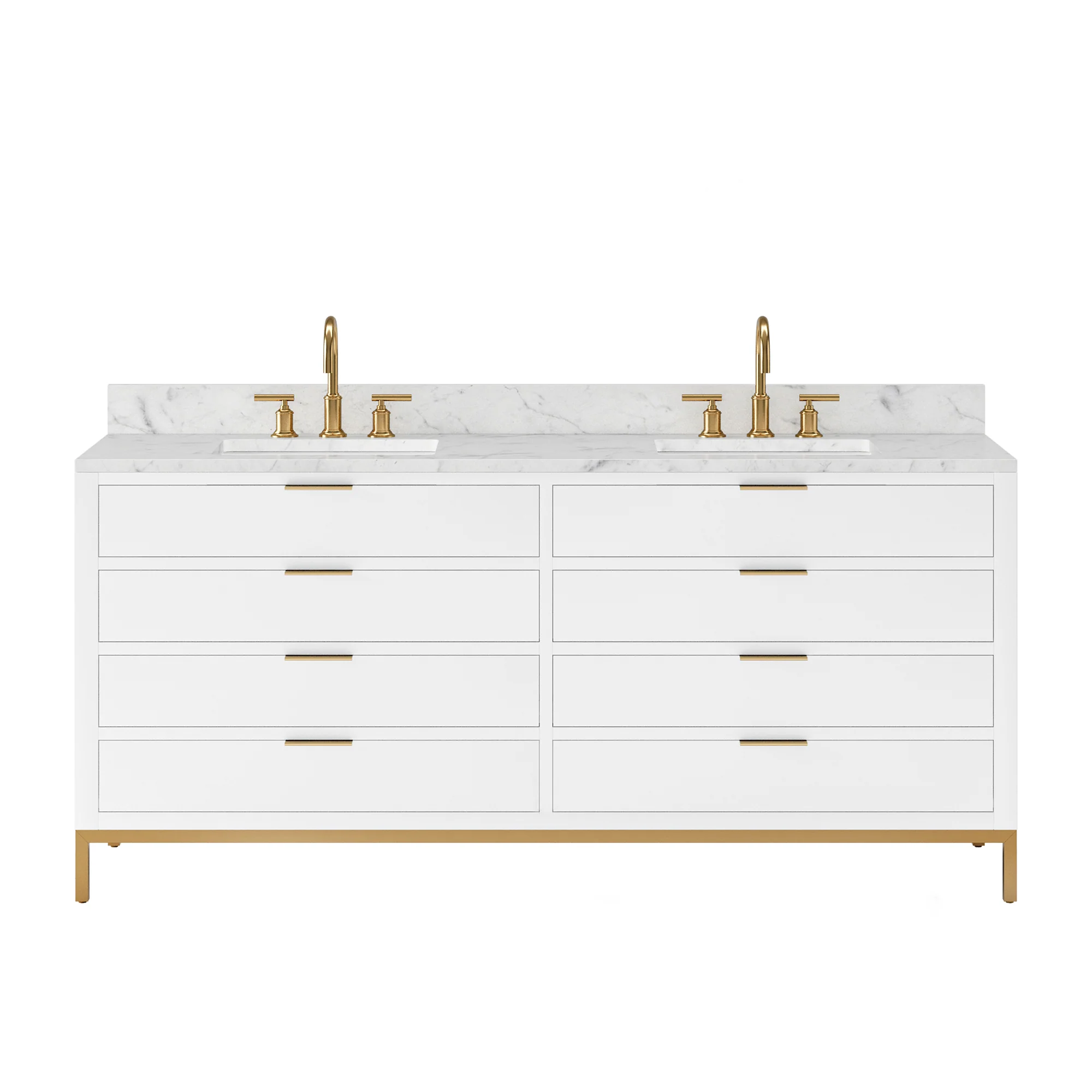 Water Creation Bristol 72" Double Sink Carrara White Marble Countertop Bath Vanity in Pure White with Satin Gold Gooseneck Faucets - Image 4