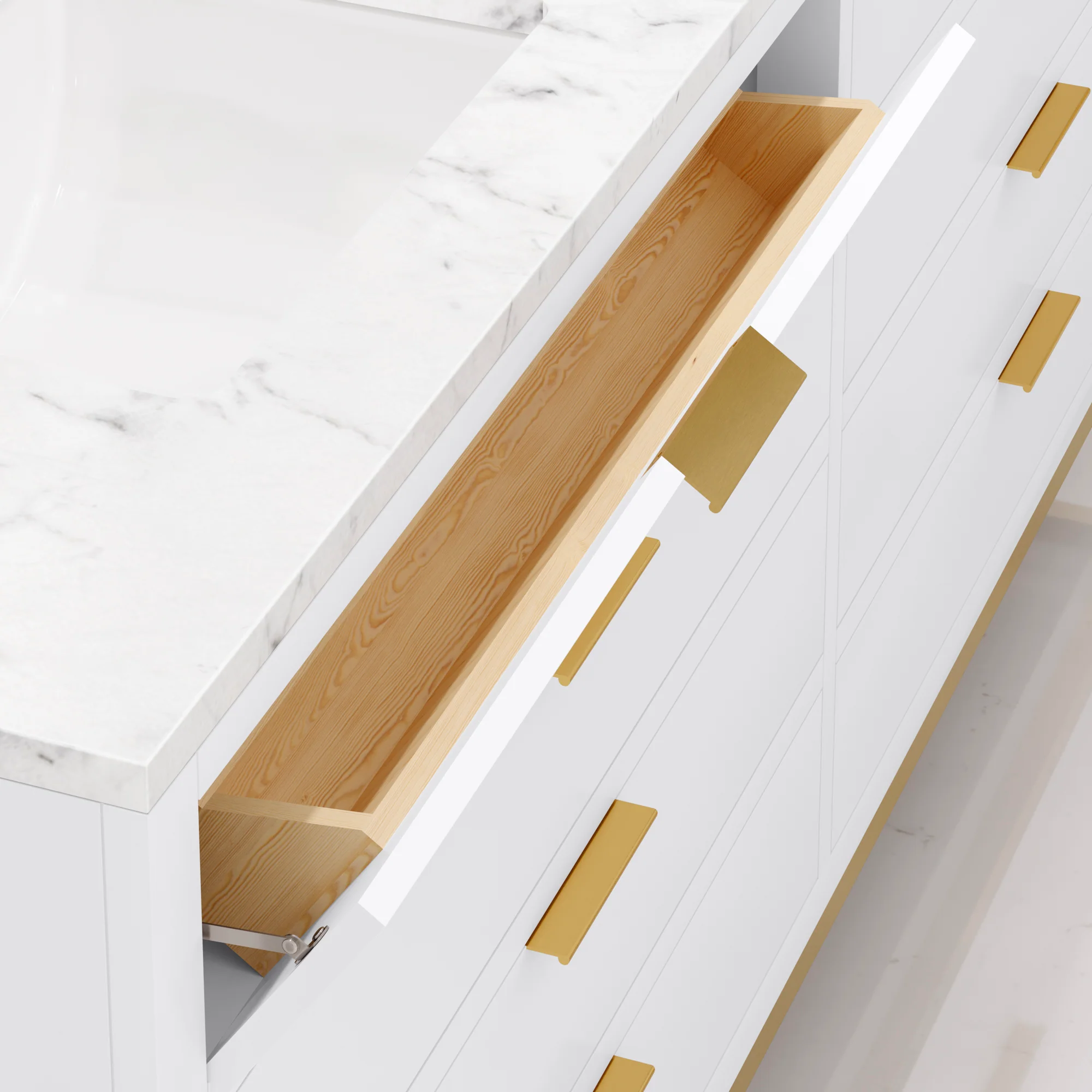 Water Creation Bristol 72" Double Sink Carrara White Marble Countertop Bath Vanity in Pure White with Satin Gold Gooseneck Faucets - Image 6
