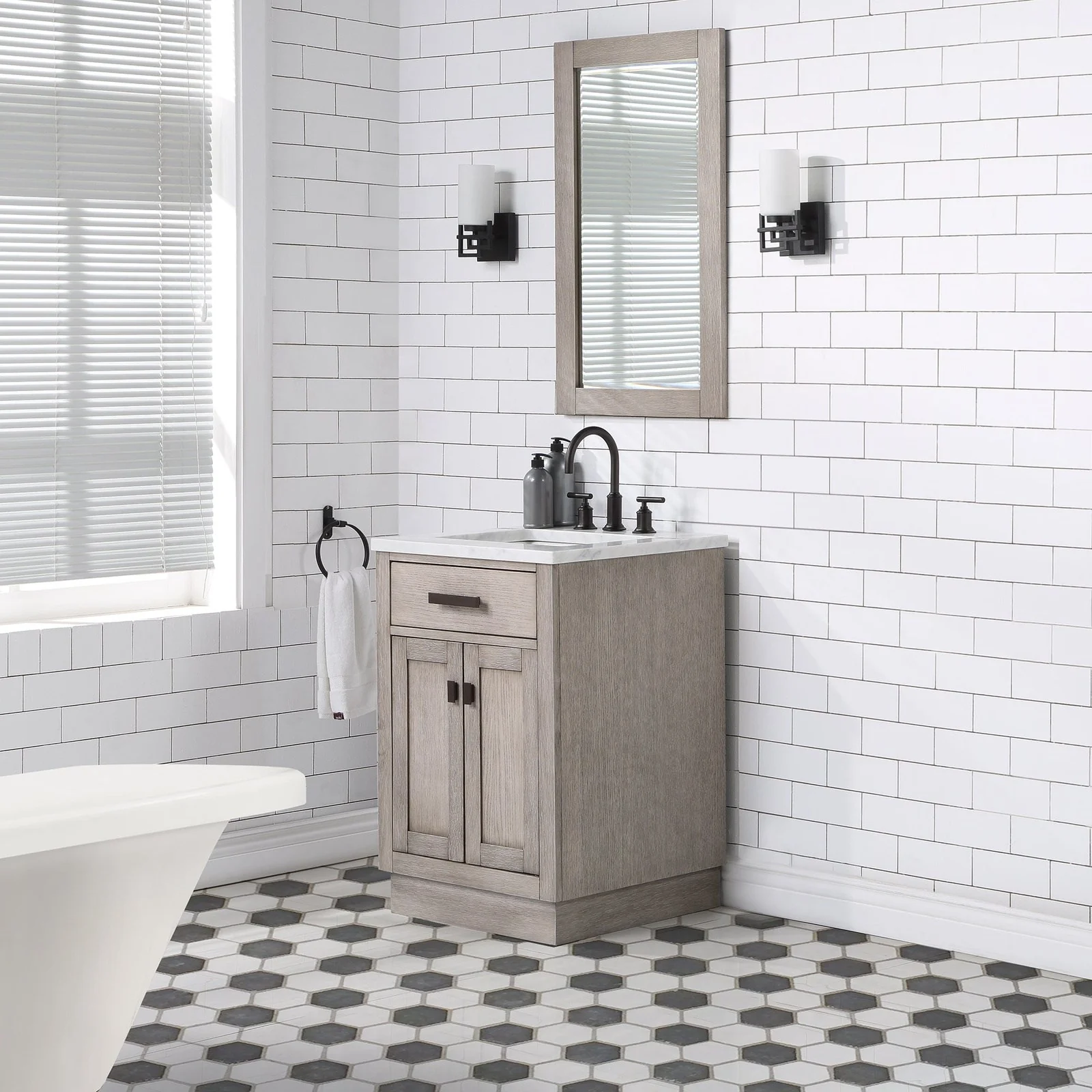 Water Creation Chestnut 24" Single Sink Carrara White Marble Countertop Vanity In Grey Oak with Gooseneck Faucet and Mirror - Image 2