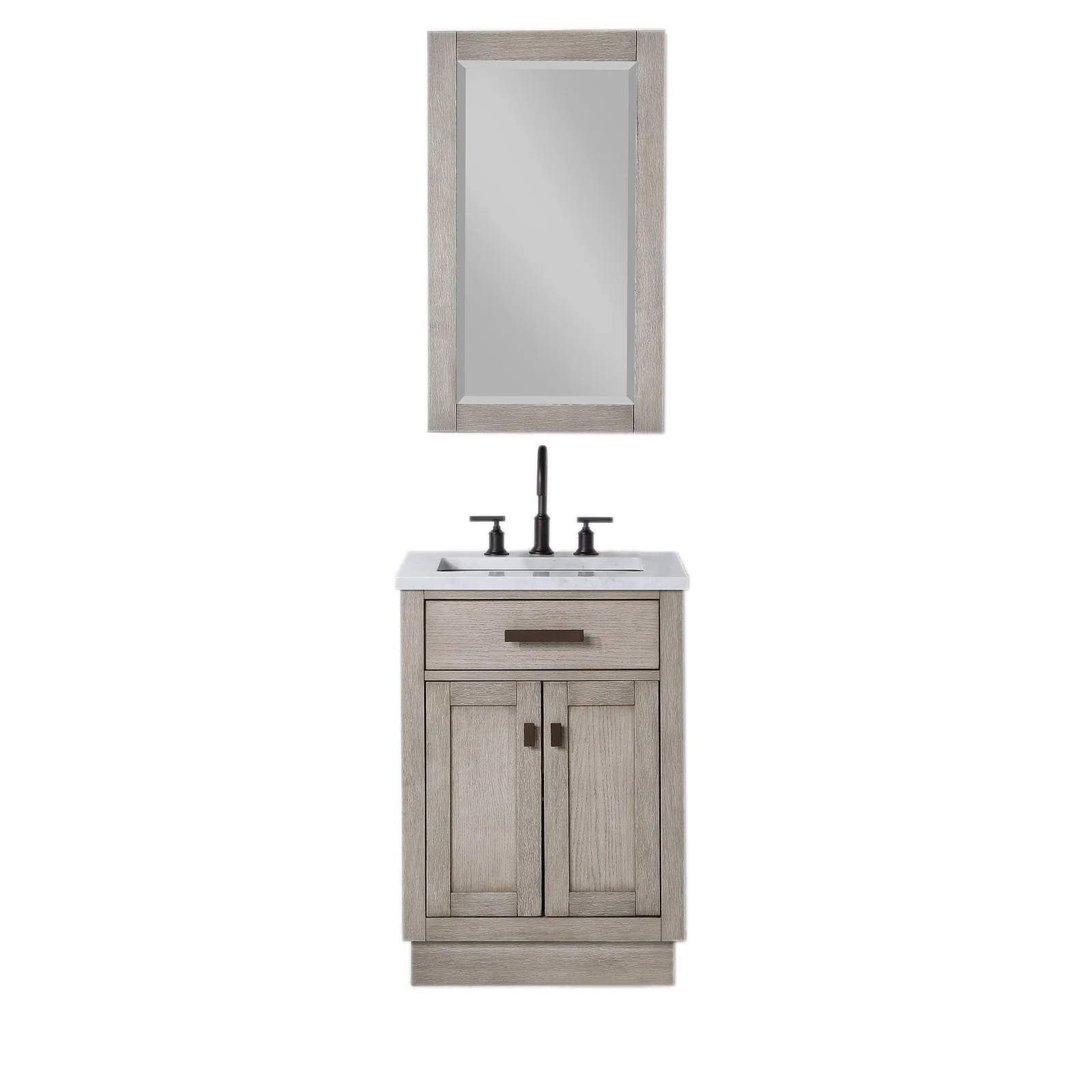 Water Creation Chestnut 24" Single Sink Carrara White Marble Countertop Vanity In Grey Oak with Gooseneck Faucet and Mirror - Image 3