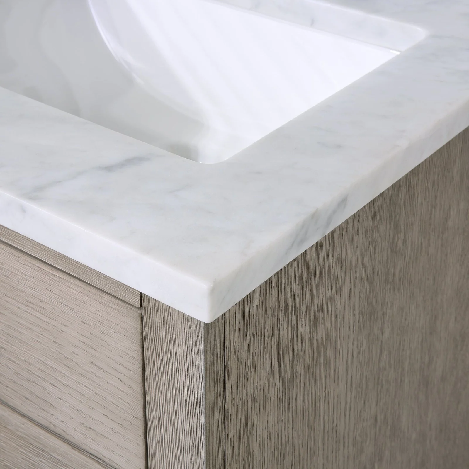 Water Creation Chestnut 24" Single Sink Carrara White Marble Countertop Vanity In Grey Oak with Gooseneck Faucet and Mirror - Image 4