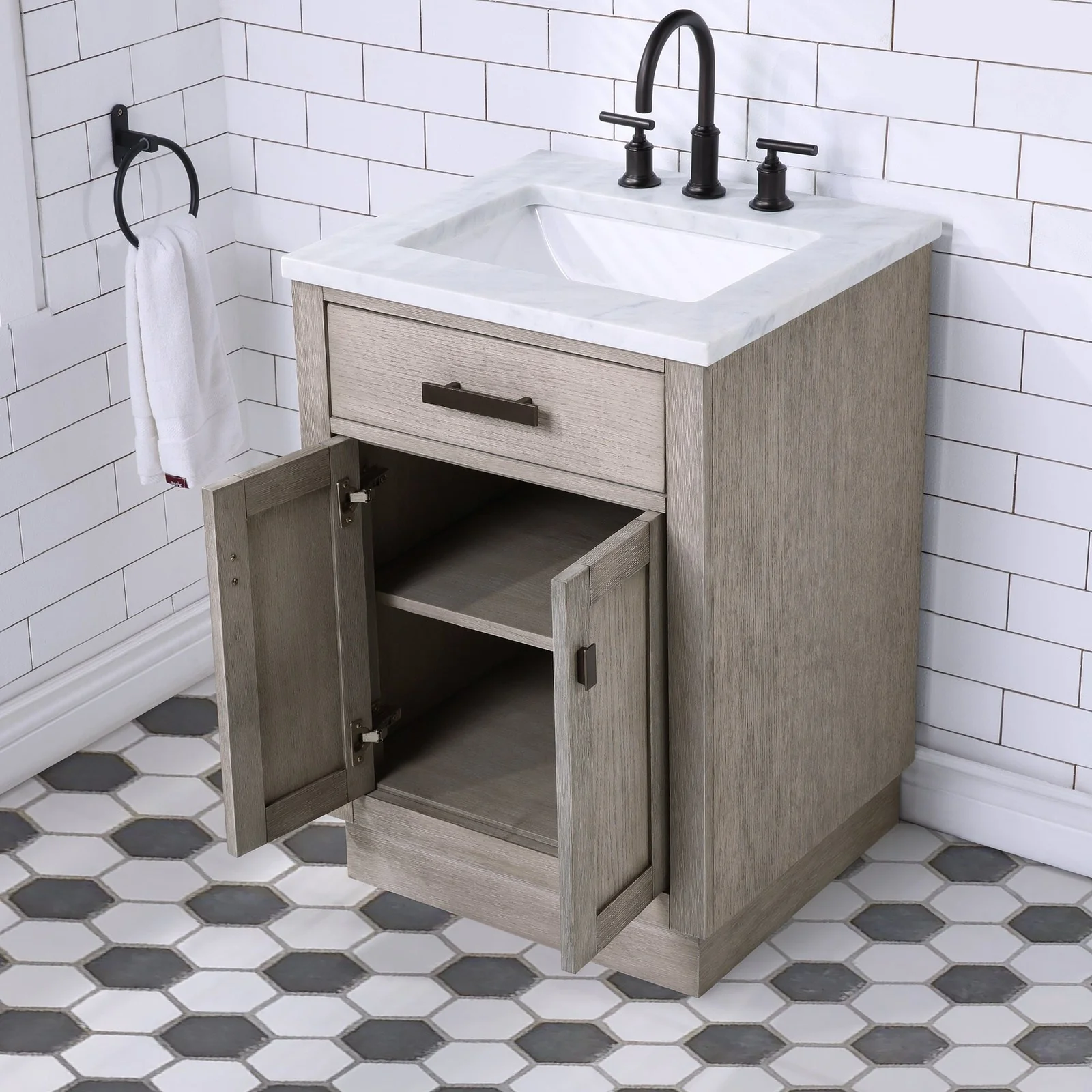Water Creation Chestnut 24" Single Sink Carrara White Marble Countertop Vanity In Grey Oak with Gooseneck Faucet and Mirror - Image 8