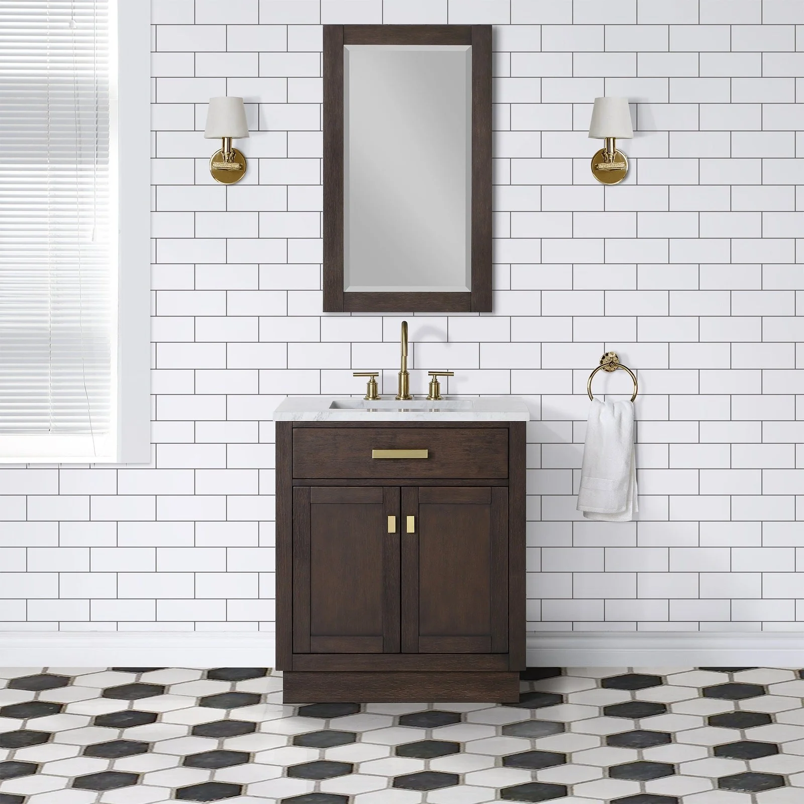 Water Creation Chestnut 30" Single Sink Carrara White Marble Countertop Vanity In Brown Oak with Gooseneck Faucet and Mirror