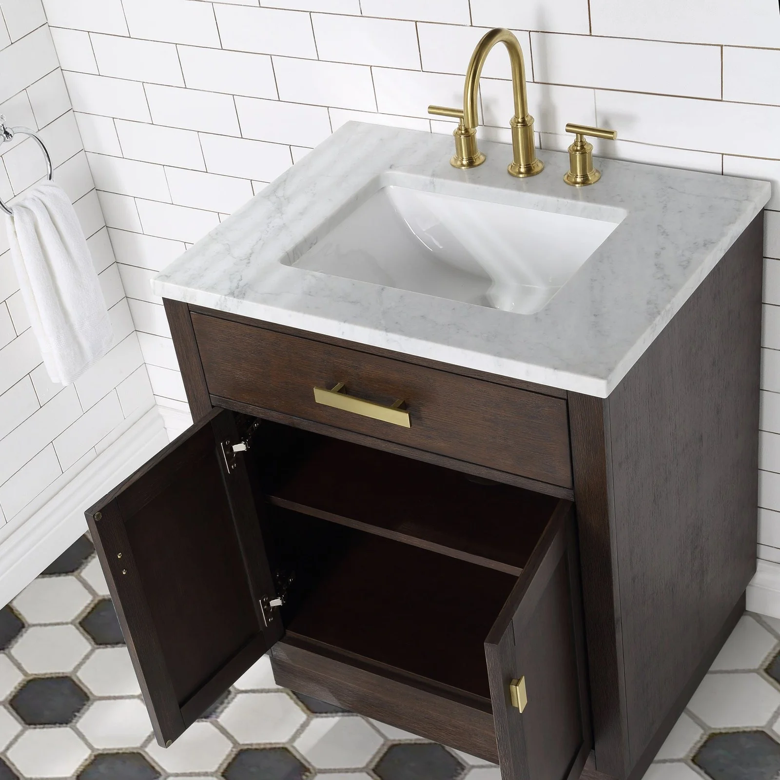 Water Creation Chestnut 30" Single Sink Carrara White Marble Countertop Vanity In Brown Oak with Gooseneck Faucet and Mirror - Image 10