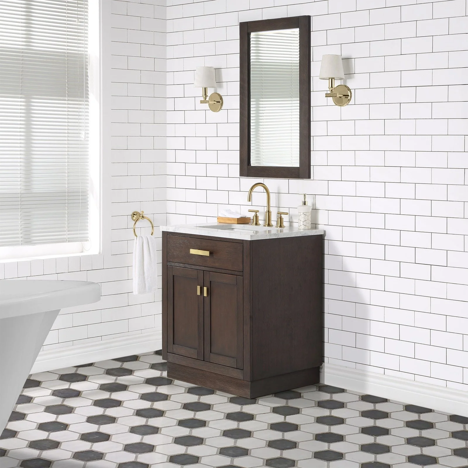 Water Creation Chestnut 30" Single Sink Carrara White Marble Countertop Vanity In Brown Oak with Gooseneck Faucet and Mirror - Image 2