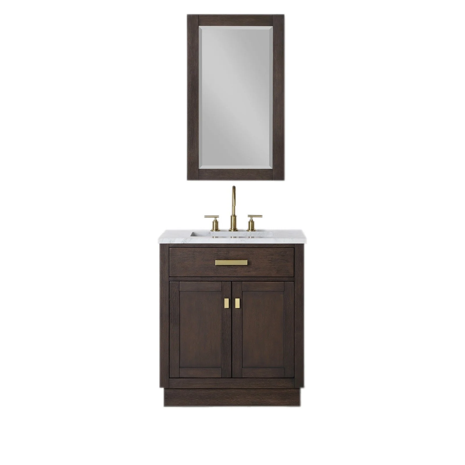 Water Creation Chestnut 30" Single Sink Carrara White Marble Countertop Vanity In Brown Oak with Gooseneck Faucet and Mirror - Image 3