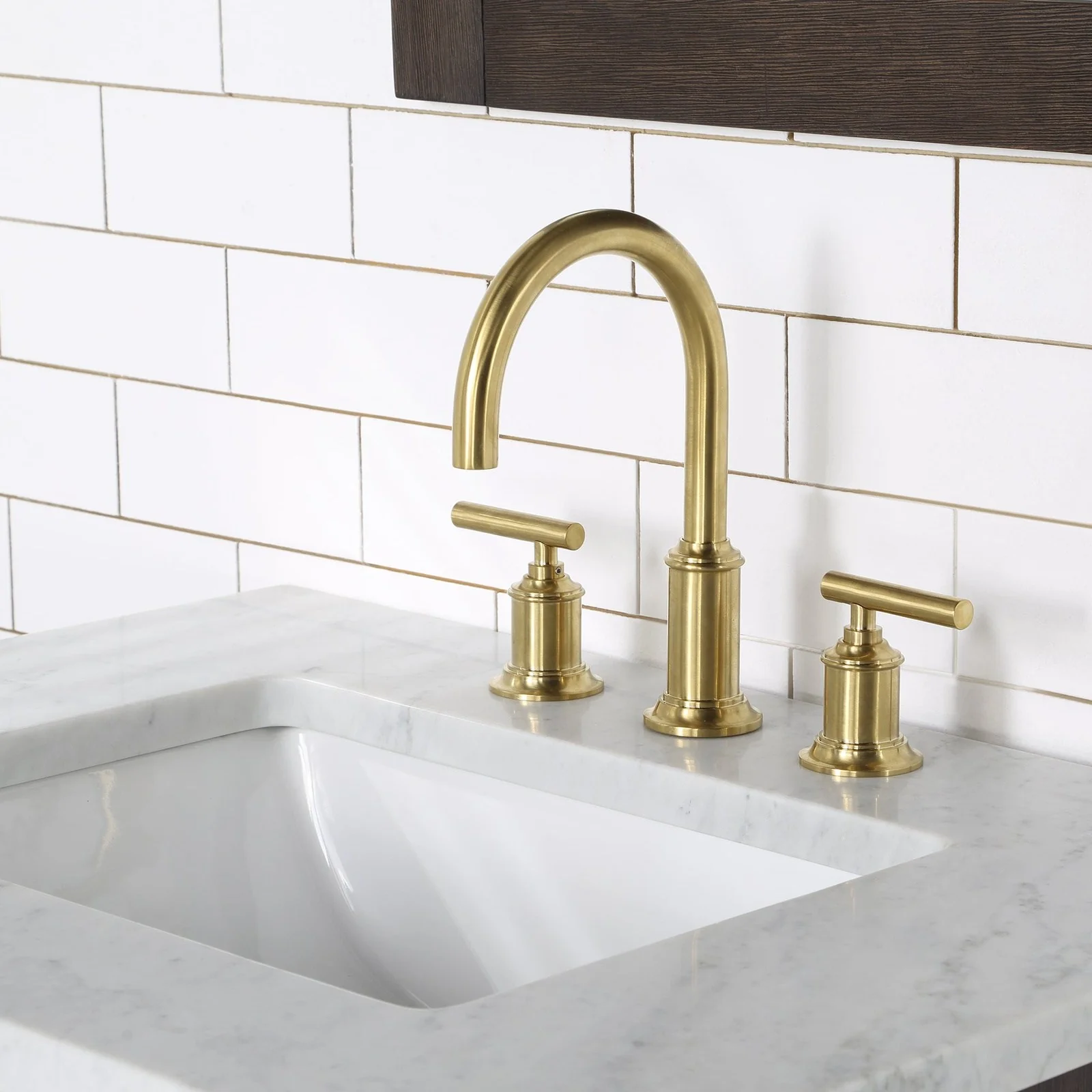 Water Creation Chestnut 30" Single Sink Carrara White Marble Countertop Vanity In Brown Oak with Gooseneck Faucet and Mirror - Image 4
