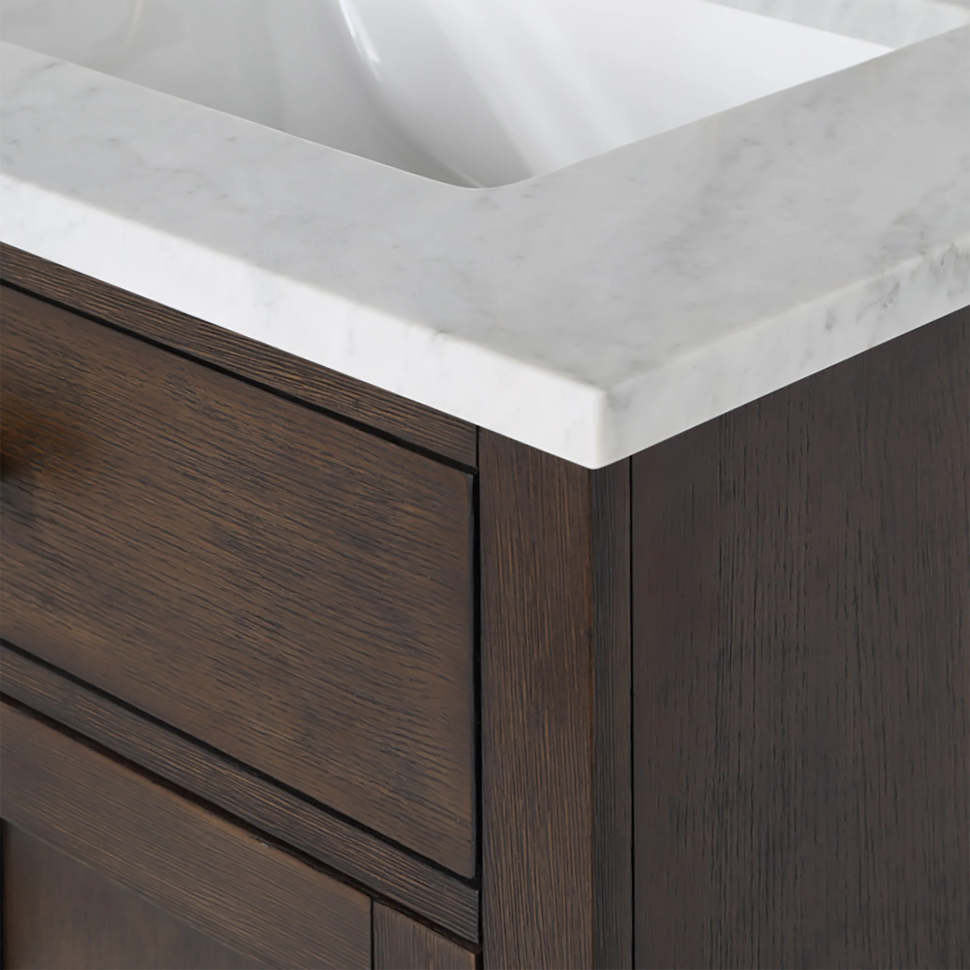 Water Creation Chestnut 30" Single Sink Carrara White Marble Countertop Vanity In Brown Oak with Gooseneck Faucet and Mirror - Image 5