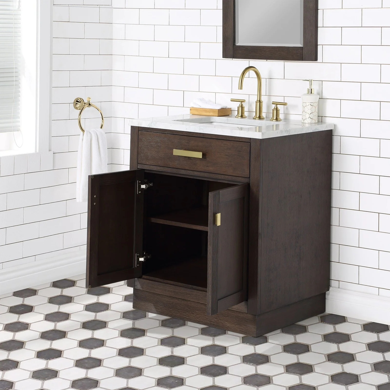 Water Creation Chestnut 30" Single Sink Carrara White Marble Countertop Vanity In Brown Oak with Gooseneck Faucet and Mirror - Image 9