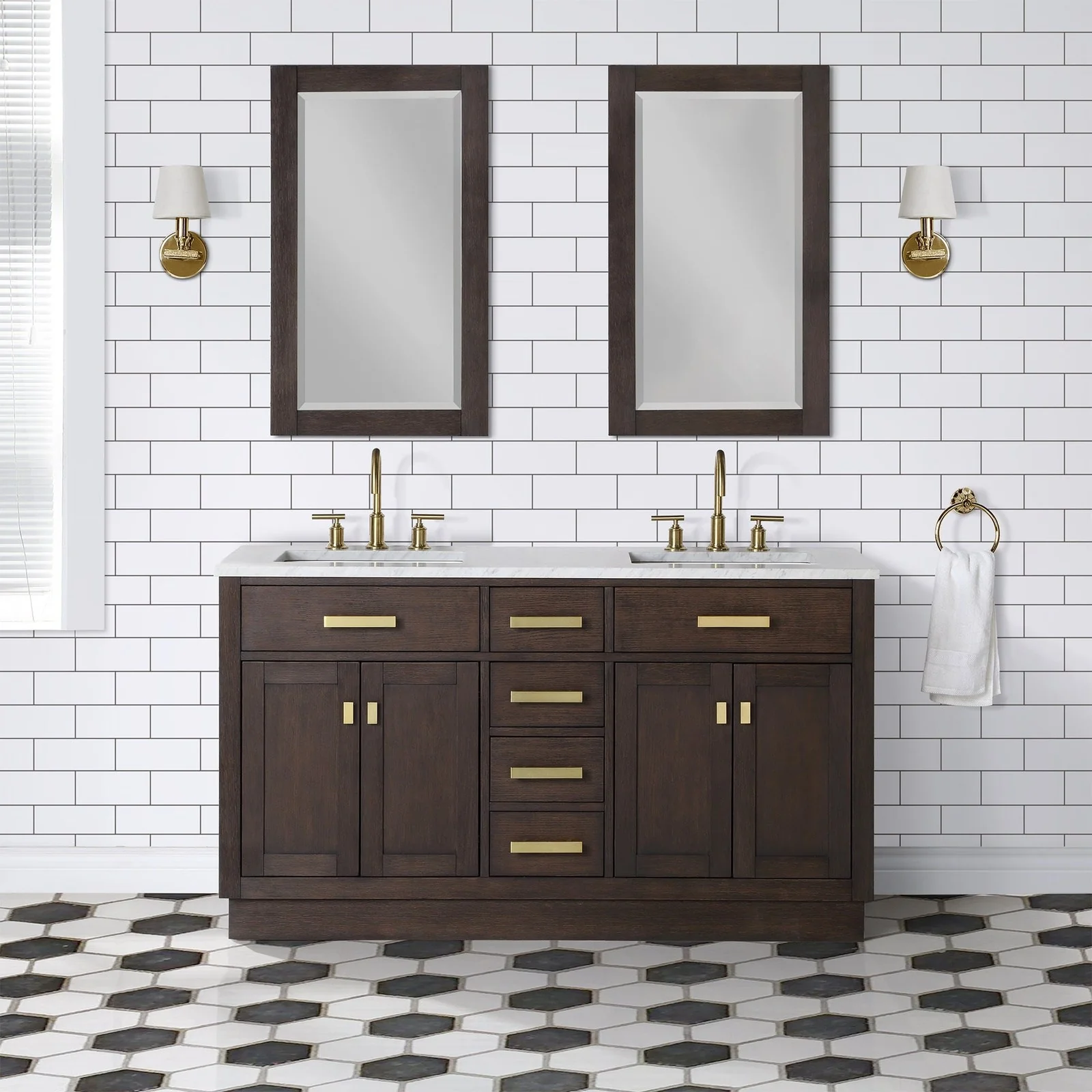Water Creation Chestnut 60" Double Sink Carrara White Marble Countertop Vanity In Brown Oak with Gooseneck Faucets and Mirrors