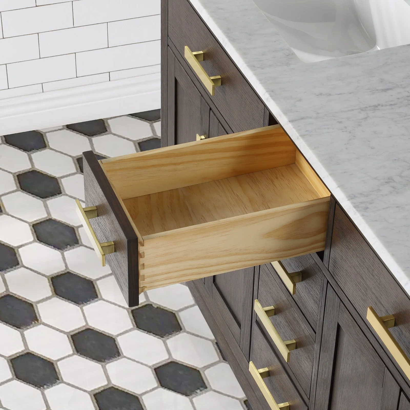 Water Creation Chestnut 60" Double Sink Carrara White Marble Countertop Vanity In Brown Oak with Gooseneck Faucets and Mirrors - Image 10
