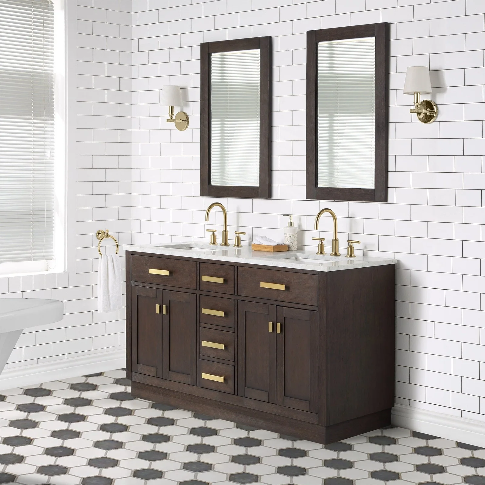 Water Creation Chestnut 60" Double Sink Carrara White Marble Countertop Vanity In Brown Oak with Gooseneck Faucets and Mirrors - Image 2