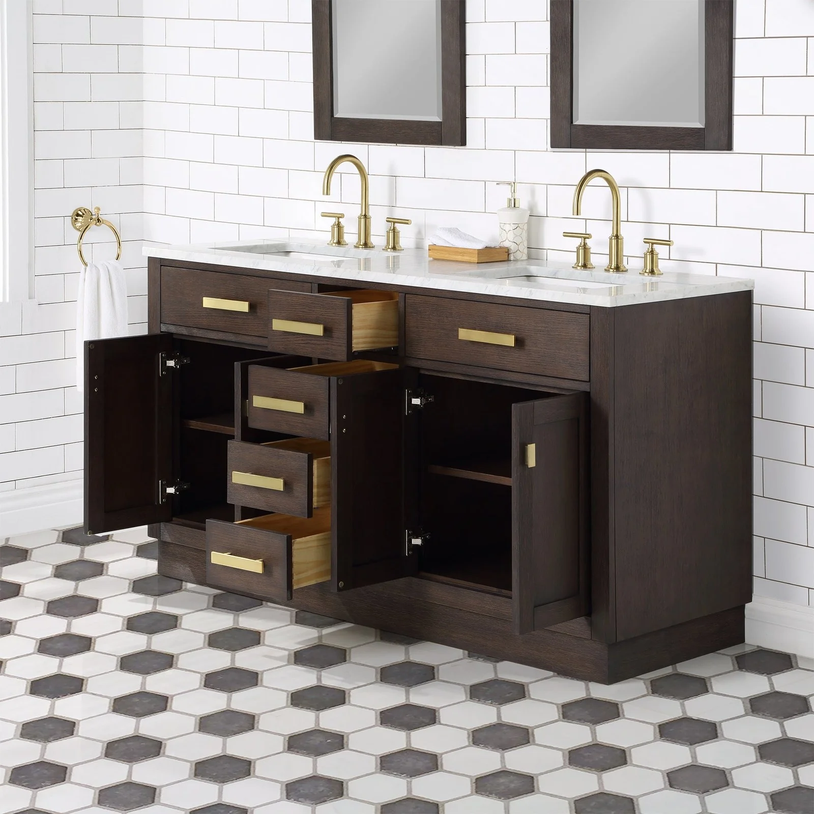 Water Creation Chestnut 60" Double Sink Carrara White Marble Countertop Vanity In Brown Oak with Gooseneck Faucets and Mirrors - Image 3